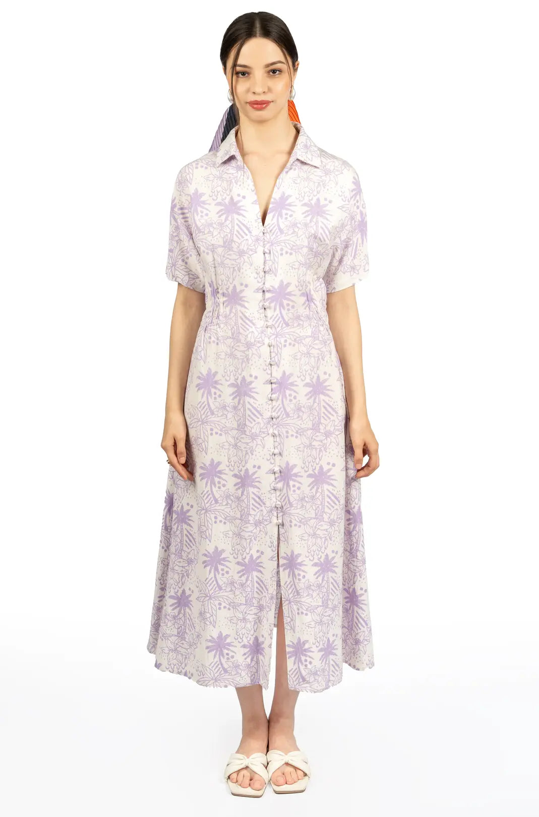 Lavender & White Floral Collared Midi Dress