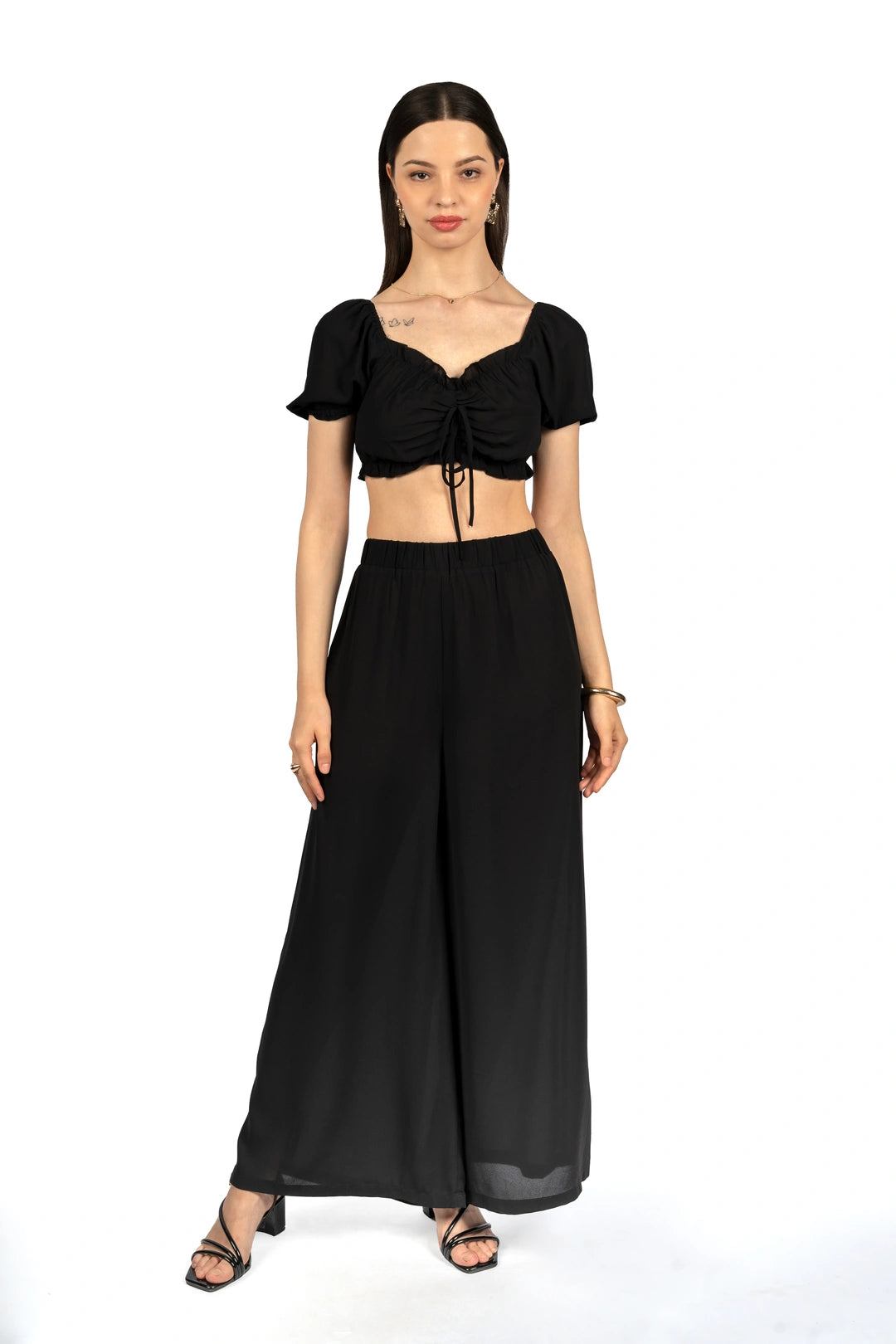 Black Solid Co-ord Set with Puff Sleeves