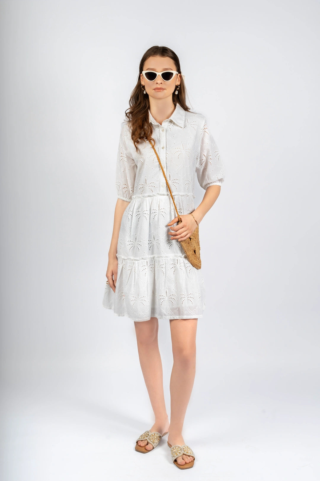 White Cotton Schiffly Fit & Flare Dress