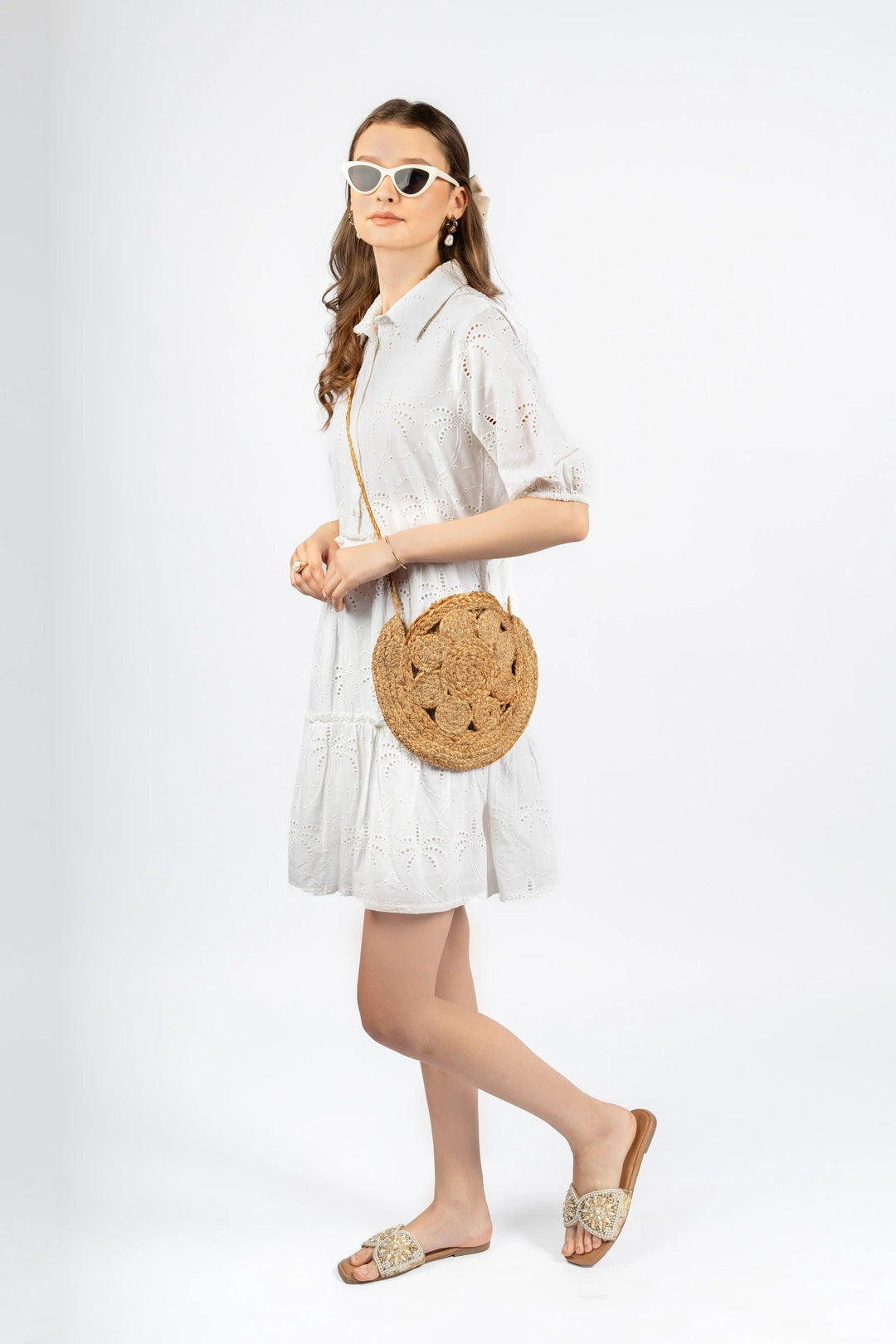 White Cotton Schiffly Fit & Flare Dress