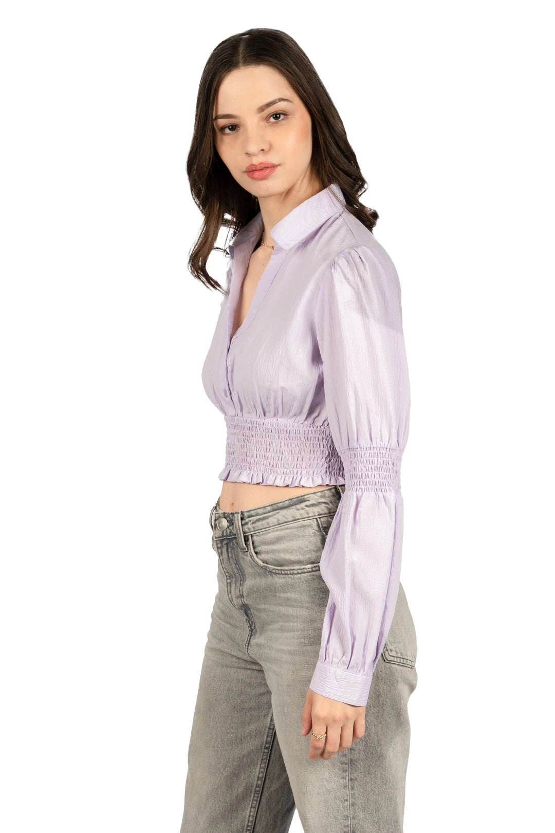 Lavender Solid Collared Crop Top