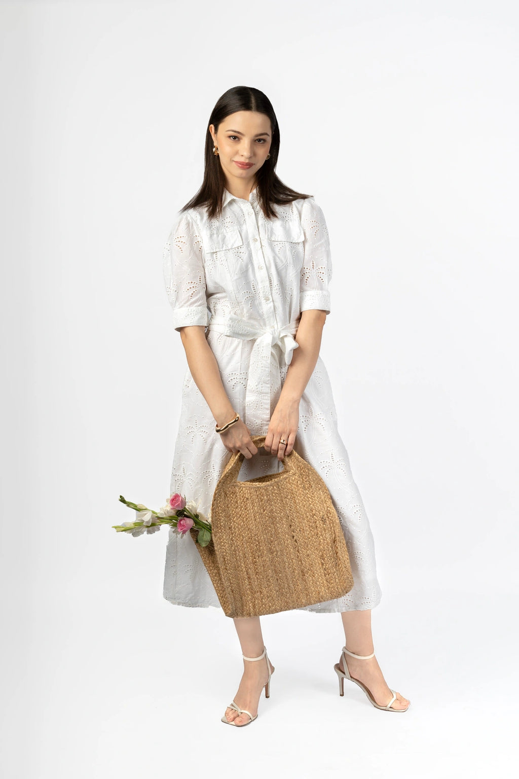 White Cotton Schiffly Midi Fit & Flare Dress