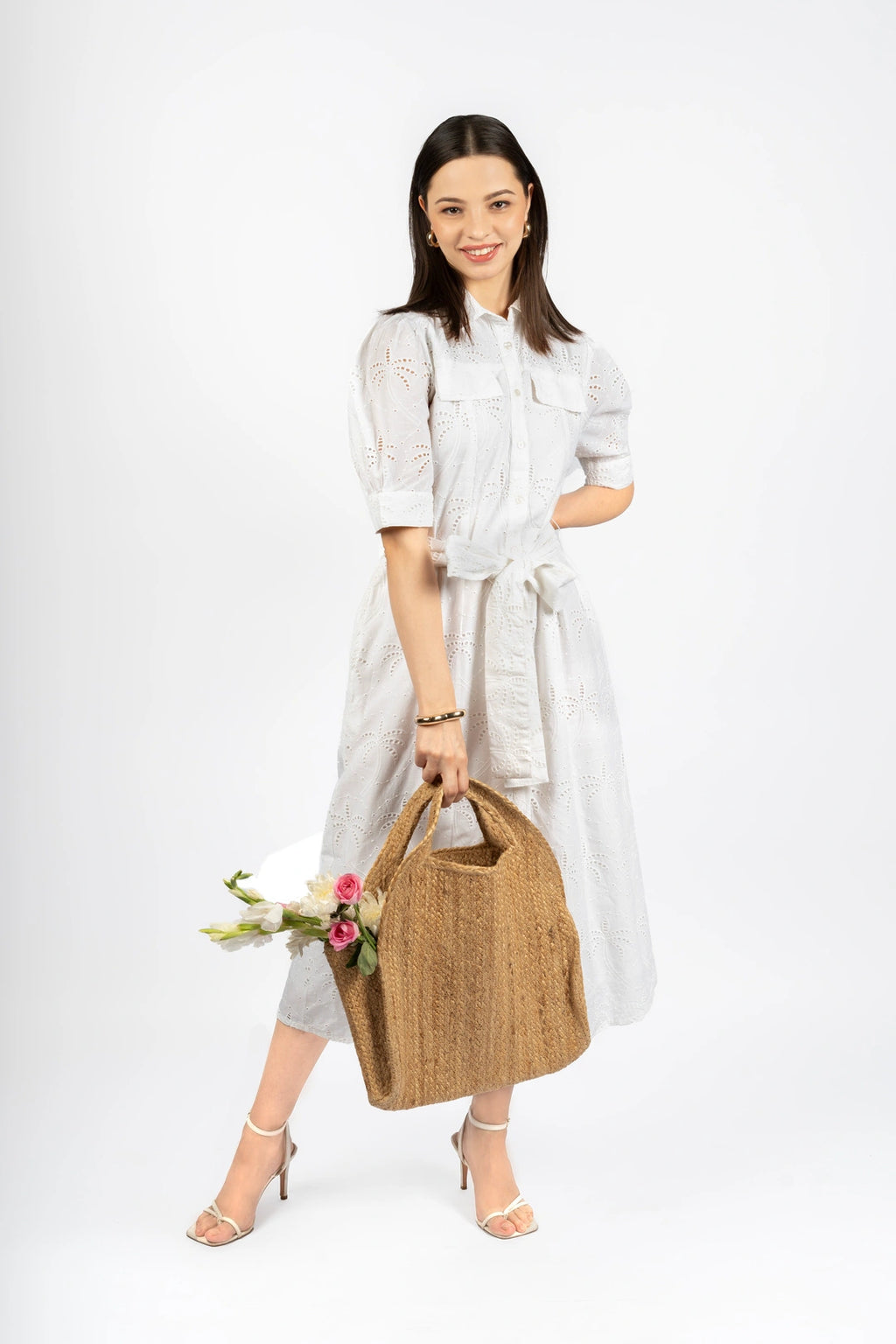White Cotton Schiffly Midi Fit & Flare Dress