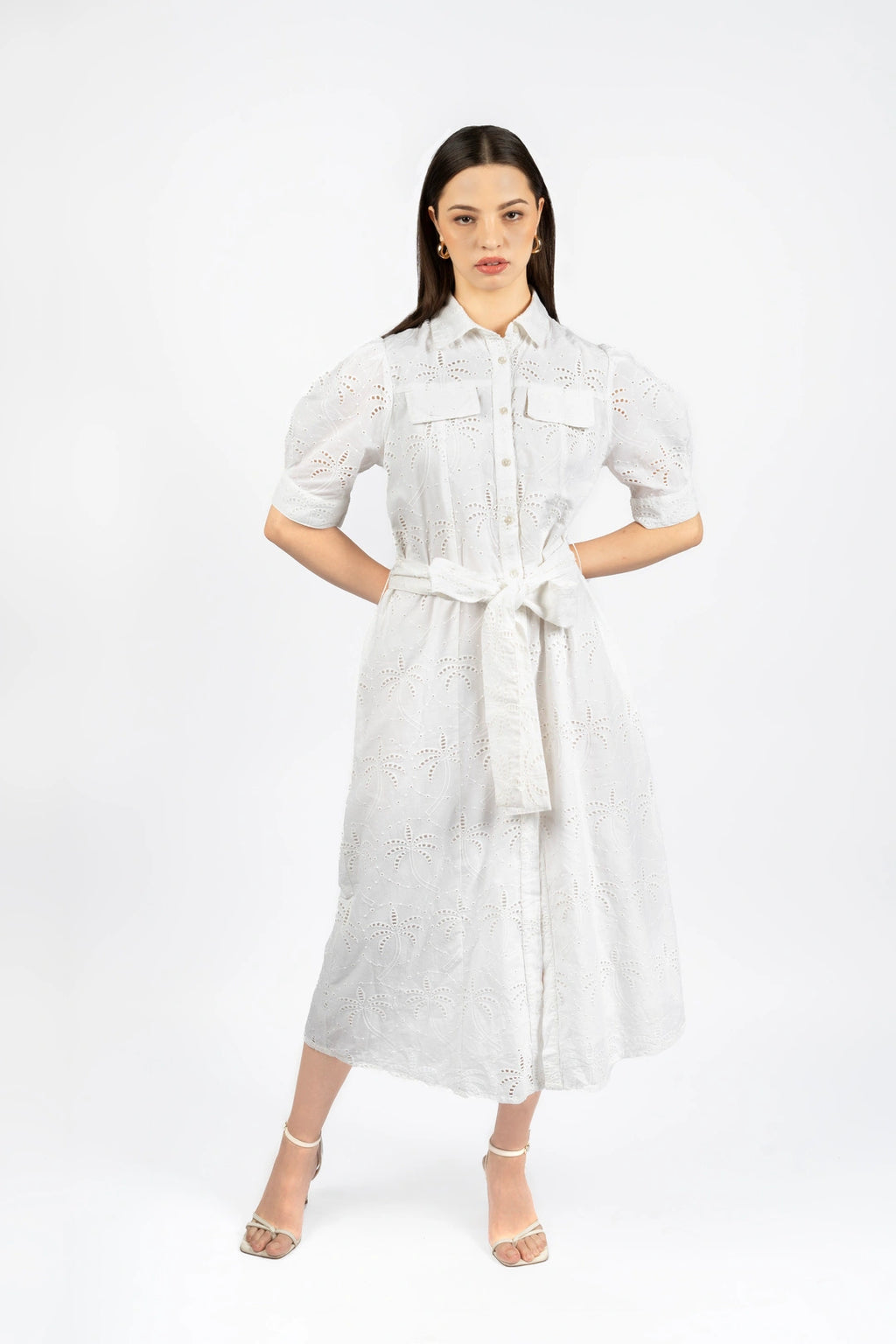 White Cotton Schiffly Midi Fit & Flare Dress