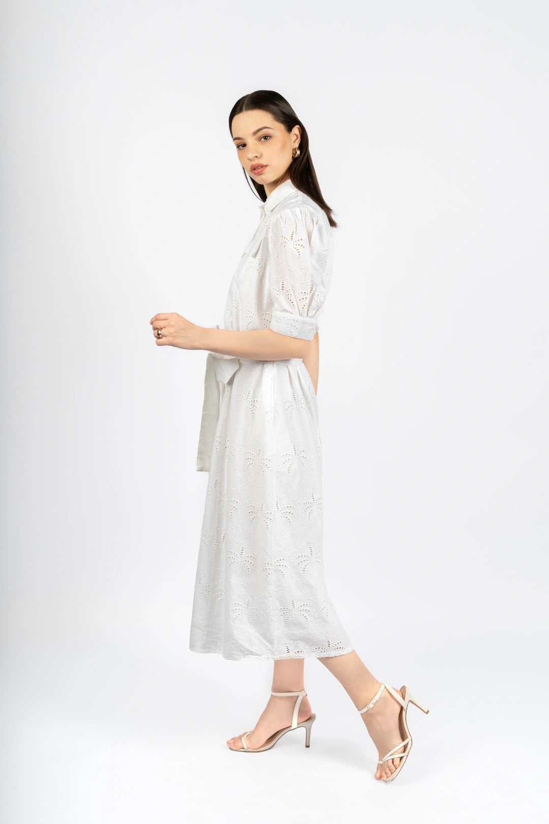 White Cotton Schiffly Midi Fit & Flare Dress