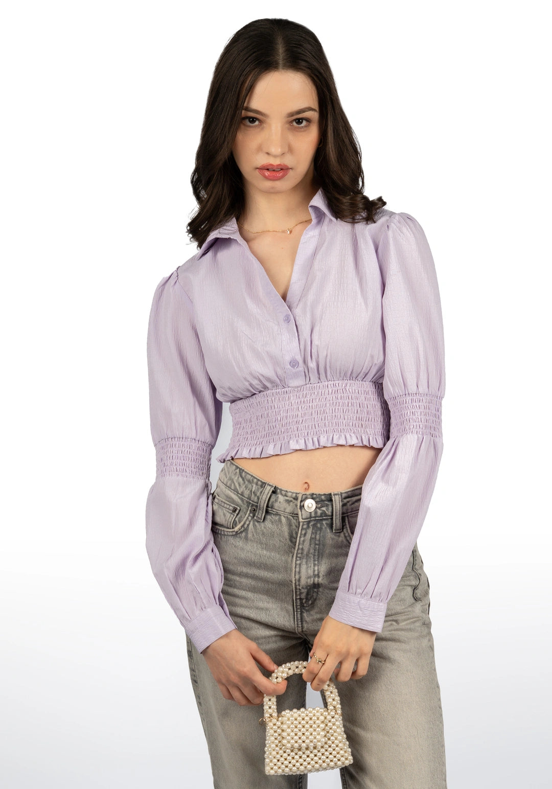 Lavender Solid Collared Crop Top