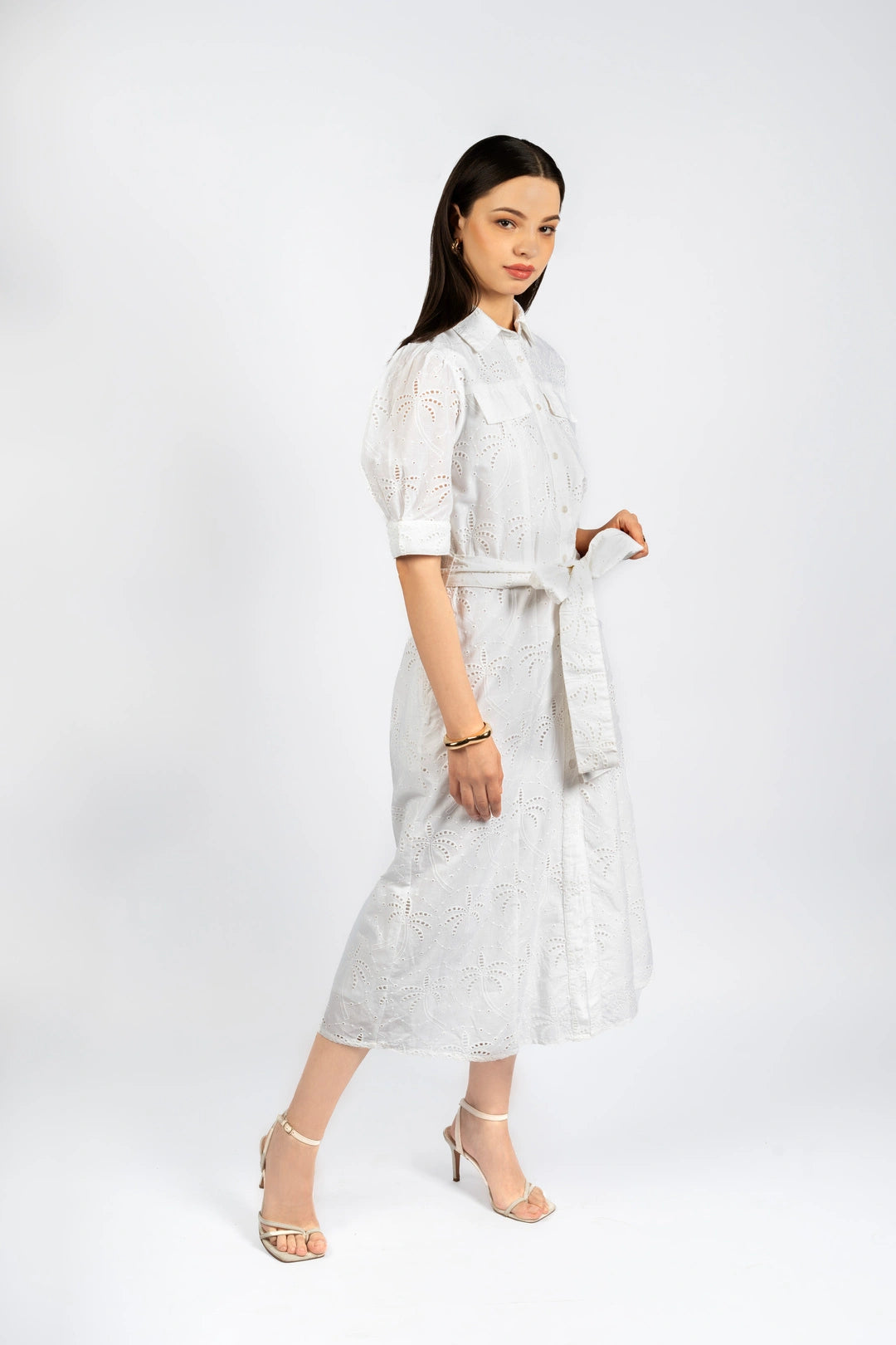 White Cotton Schiffly Midi Fit & Flare Dress