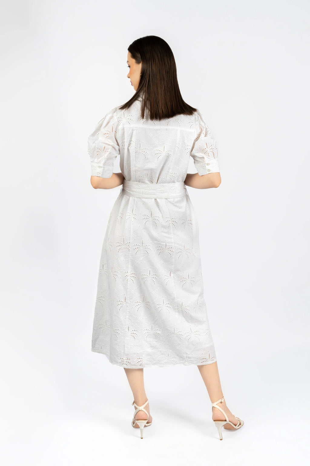 White Cotton Schiffly Midi Fit & Flare Dress
