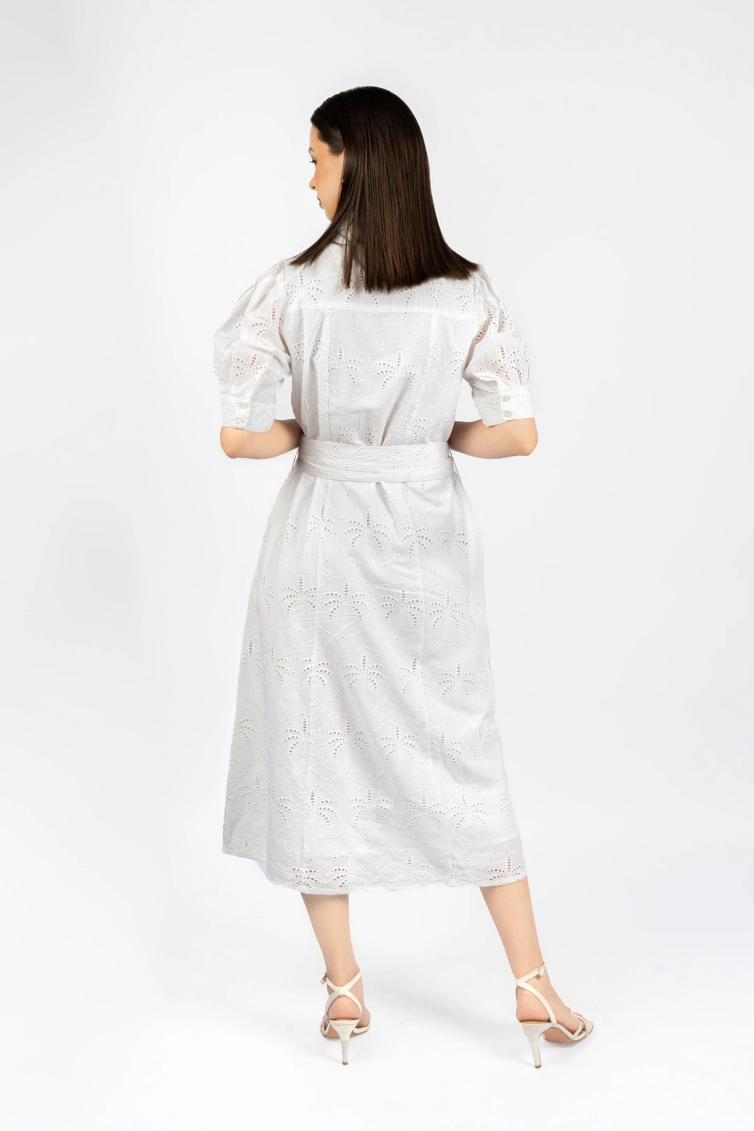 White Cotton Schiffly Midi Fit & Flare Dress