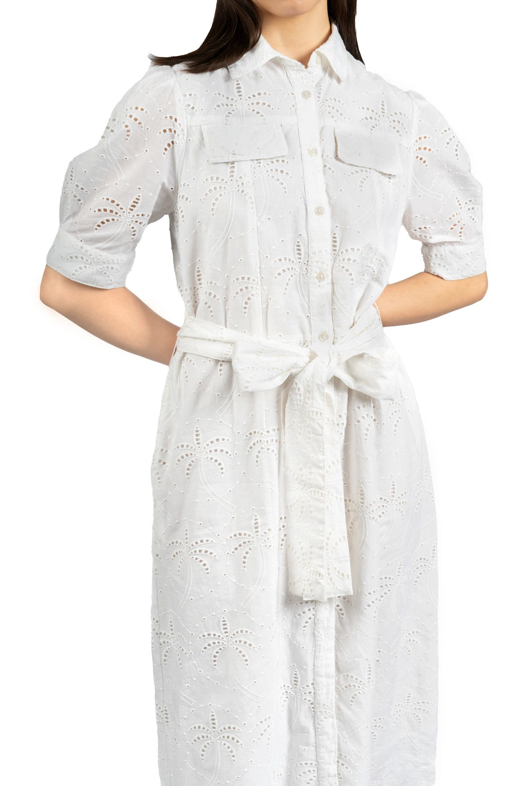 White Cotton Schiffly Midi Fit & Flare Dress