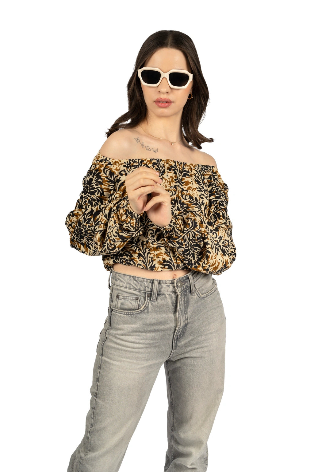 Multicolour Floral Off-Shoulder Crop Top in Rayon