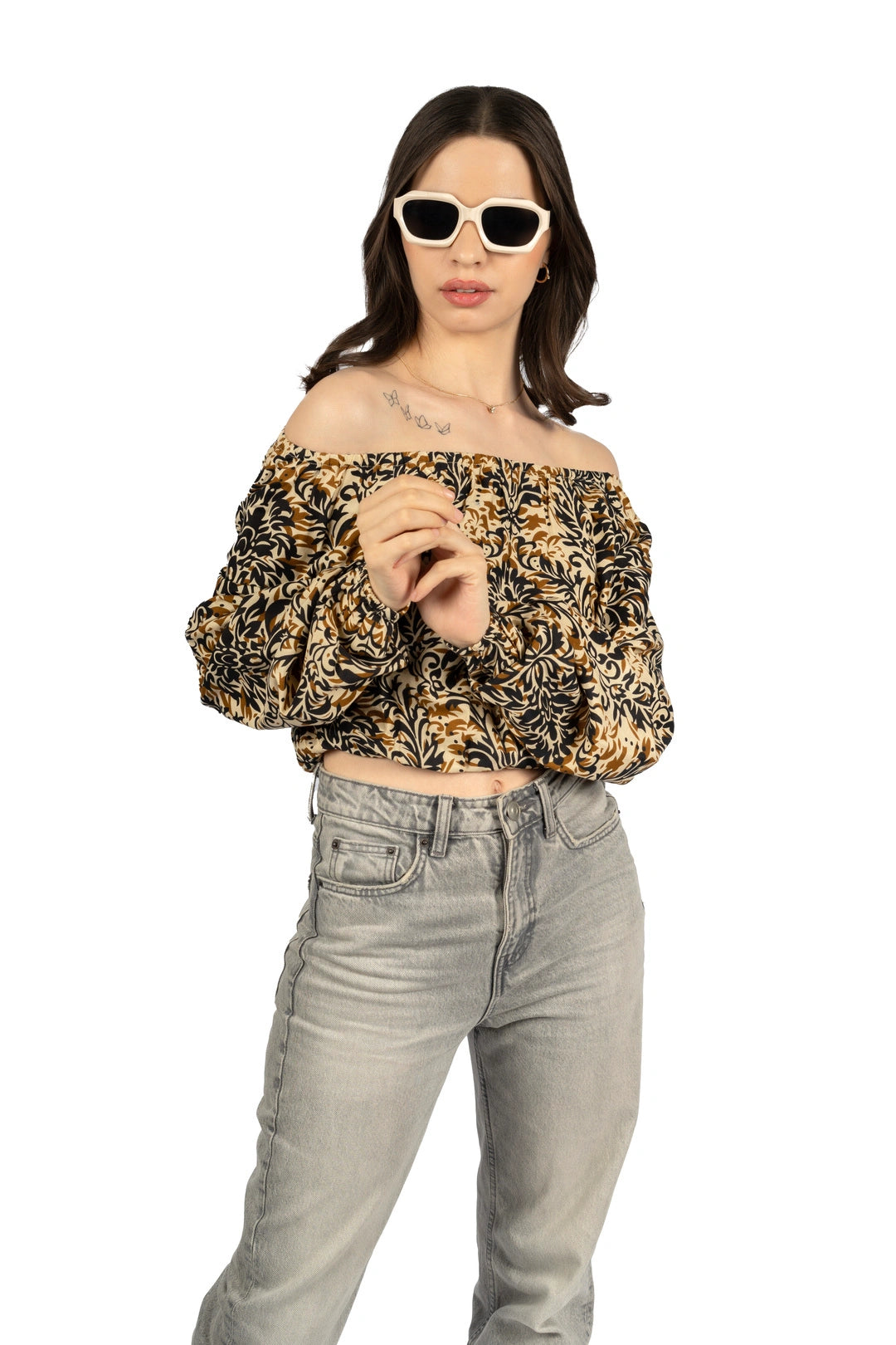 Multicolour Floral Off-Shoulder Crop Top in Rayon