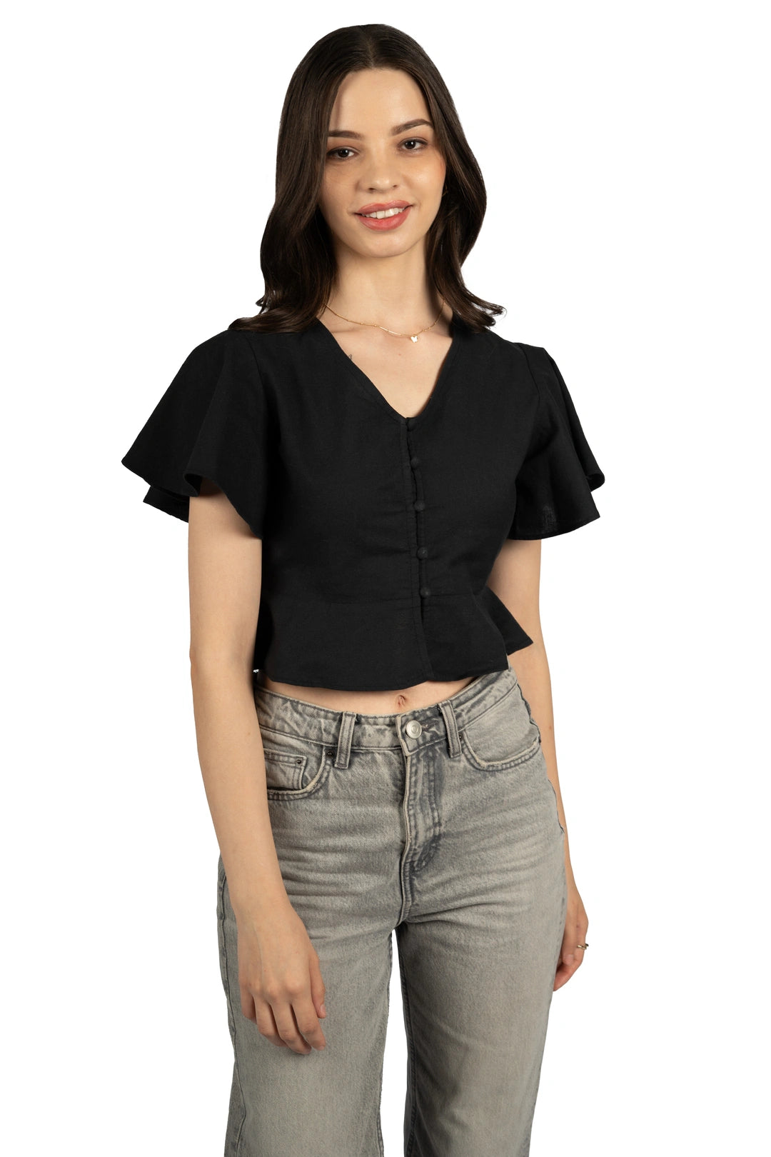 Black Cotton Linen Fitted Crop Top