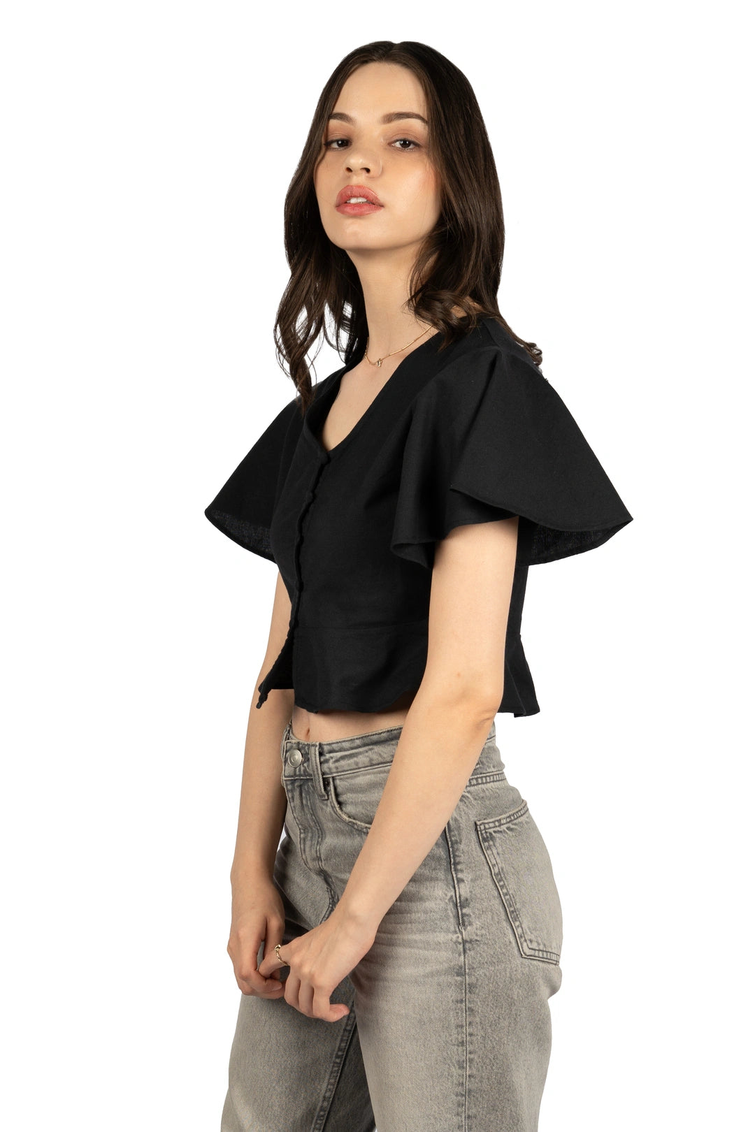 Black Cotton Linen Fitted Crop Top
