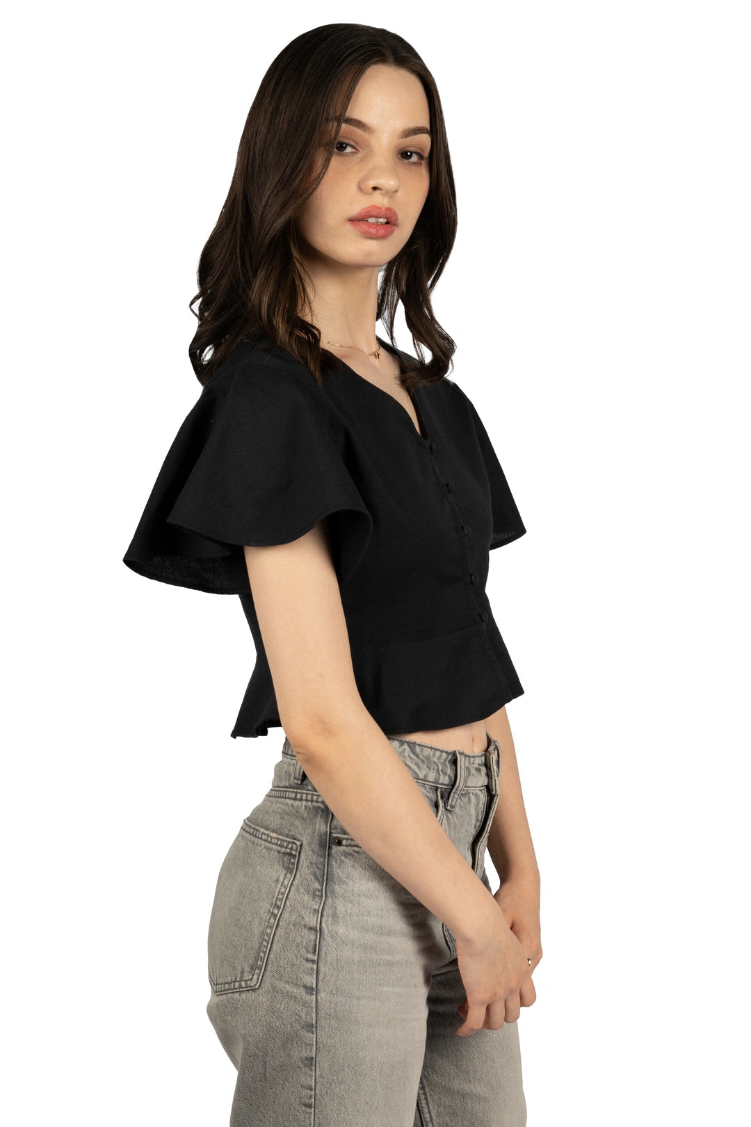 Black Cotton Linen Fitted Crop Top