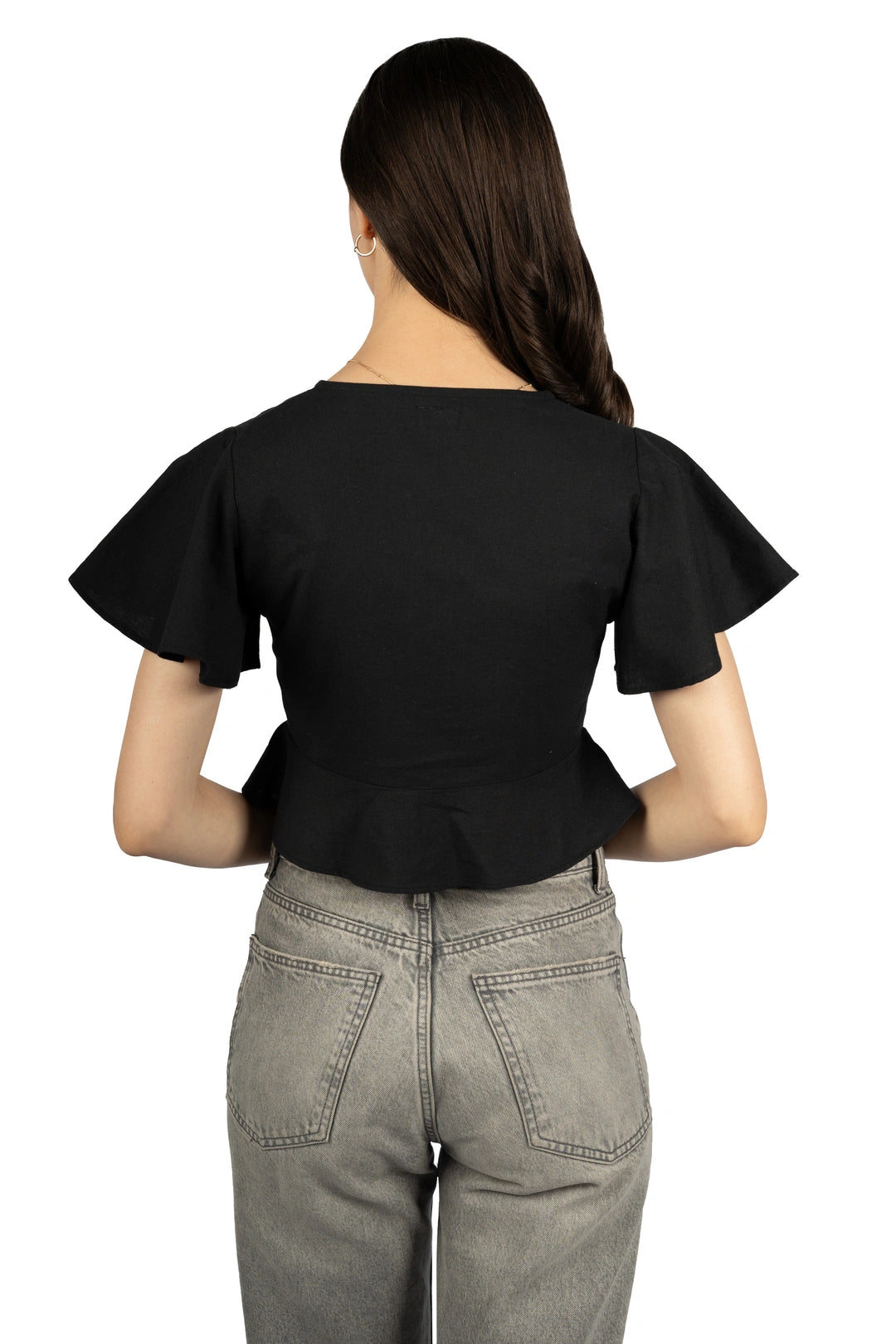 Black Cotton Linen Fitted Crop Top