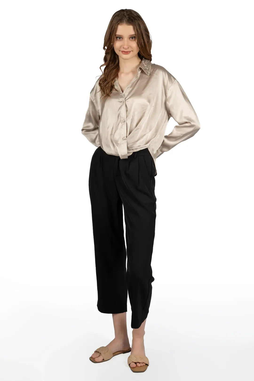 Beige Satin Collared Crop Shirt