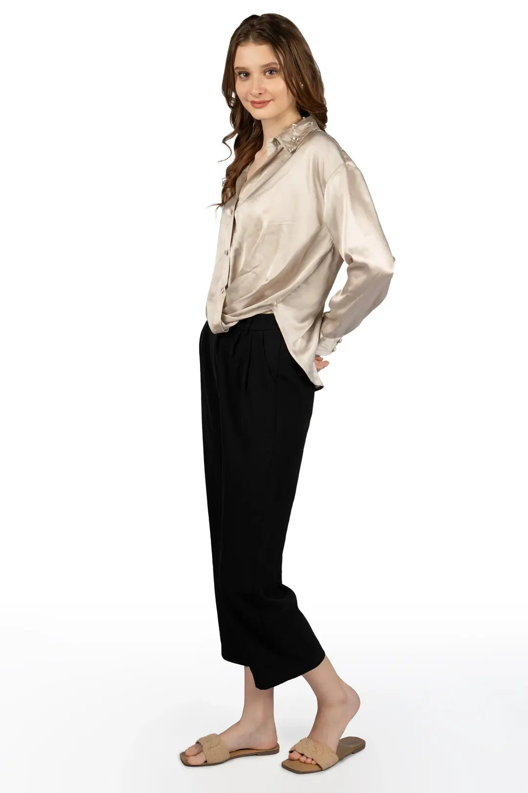 Beige Satin Collared Crop Shirt