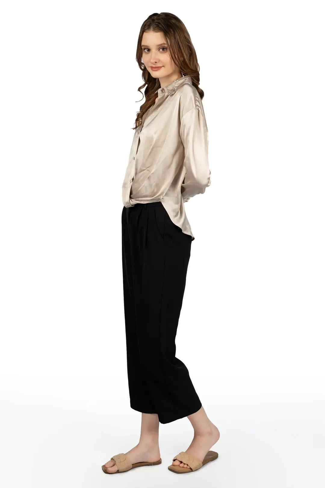 Beige Satin Collared Crop Shirt