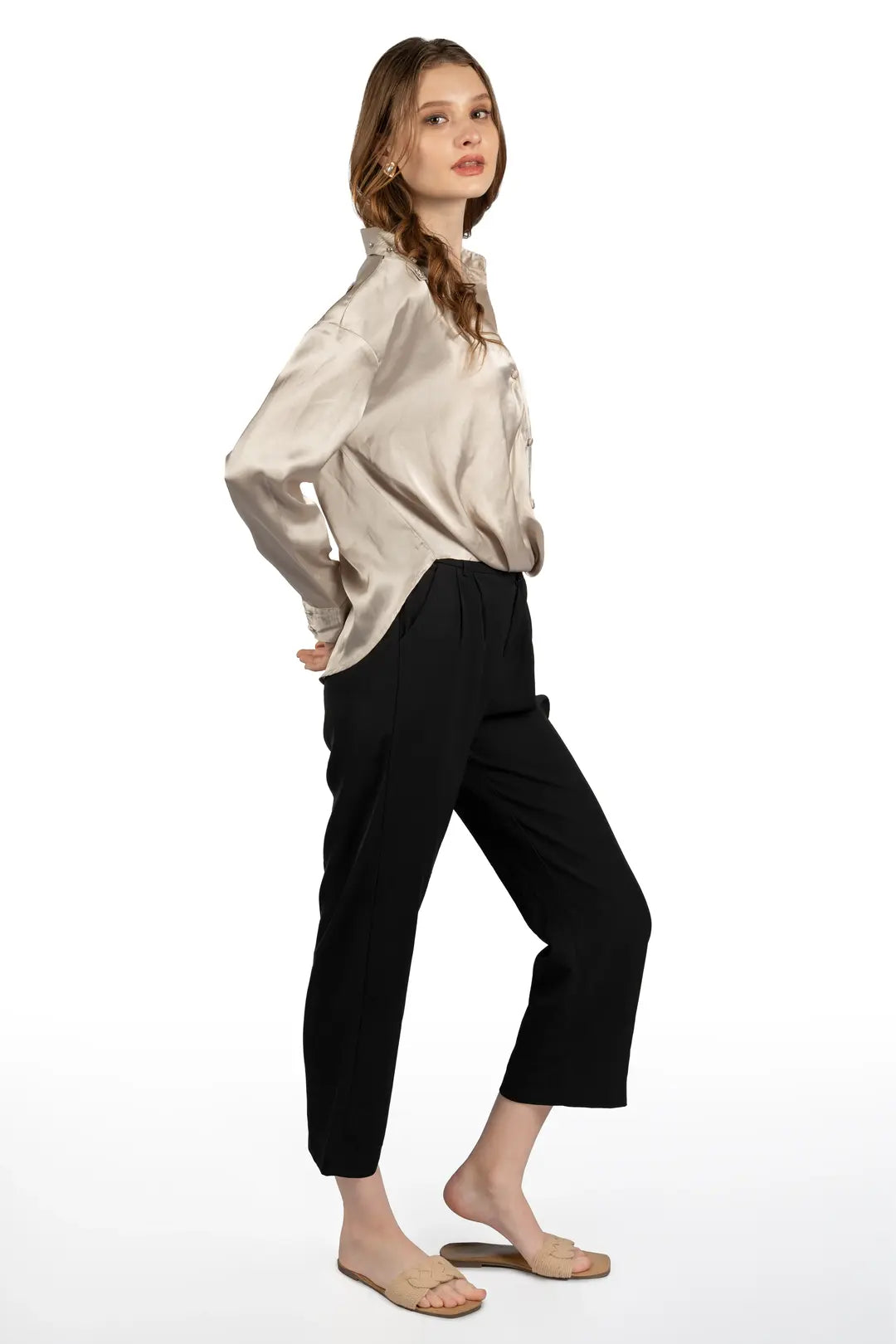 Beige Satin Collared Crop Shirt