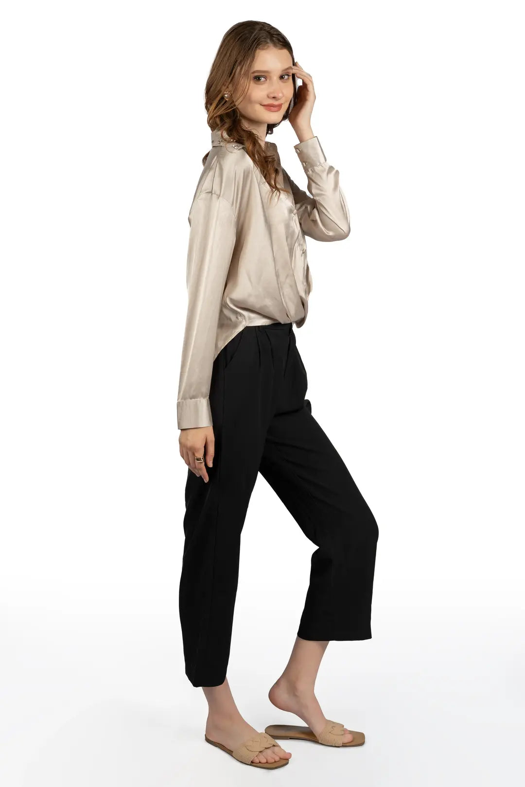 Beige Satin Collared Crop Shirt