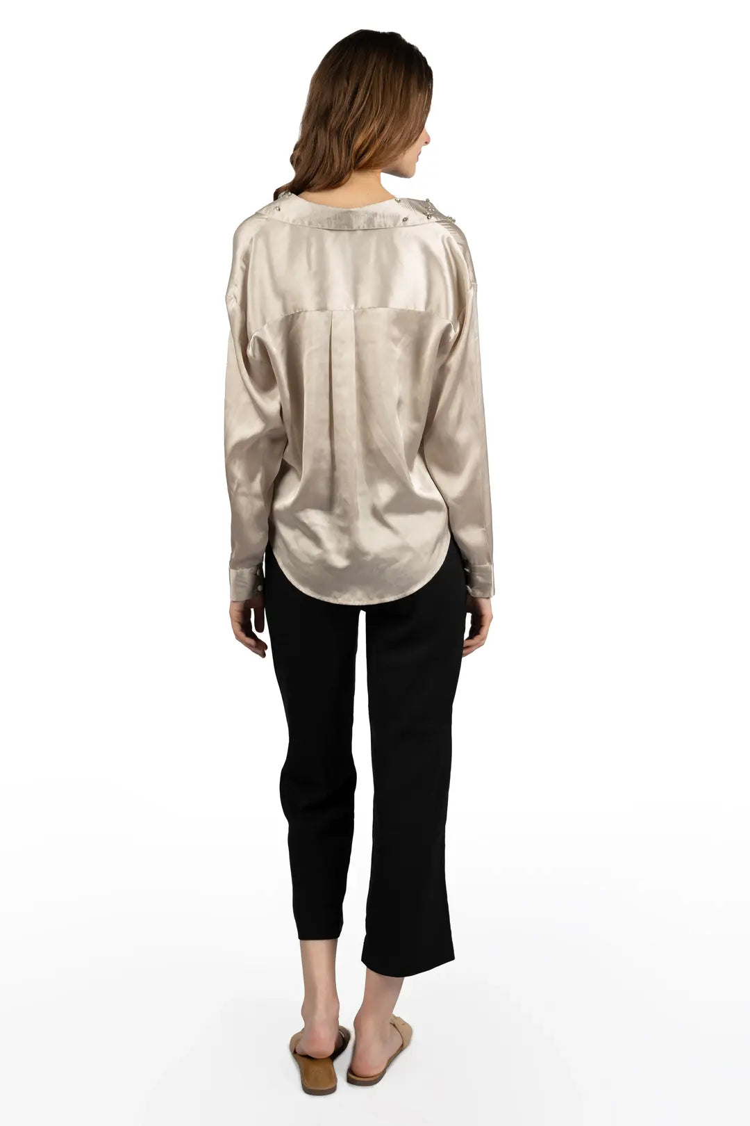Beige Satin Collared Crop Shirt