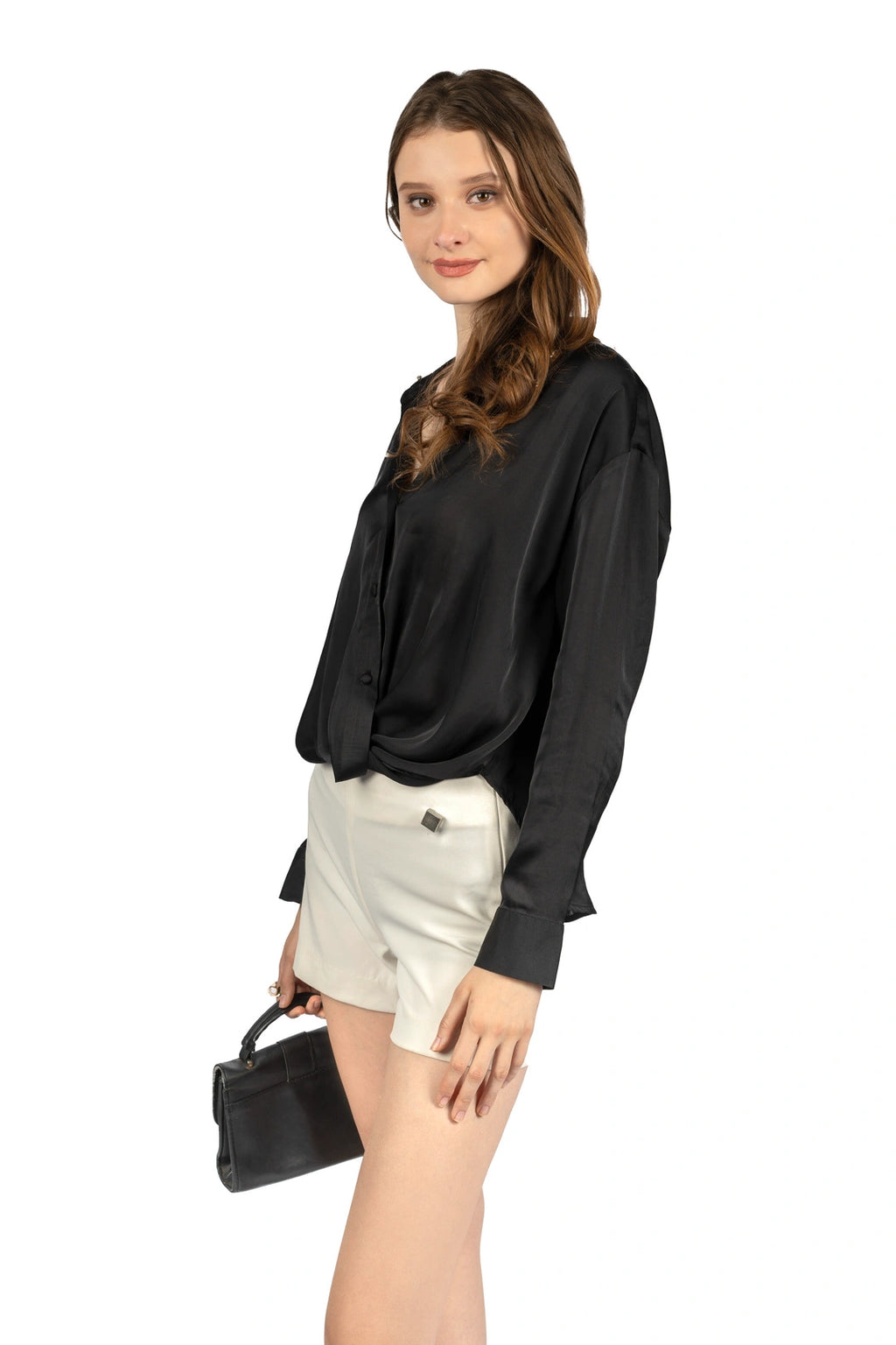Black Loose Fit Shirt in Poly Japan Satin