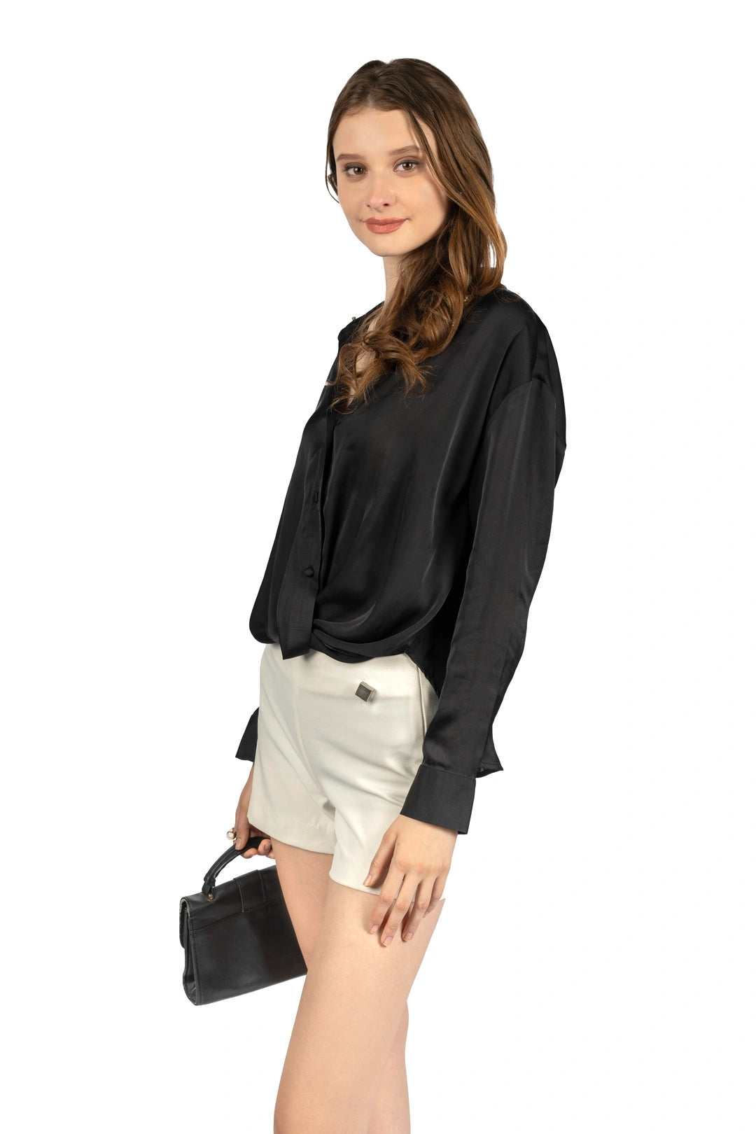 Black Loose Fit Shirt in Poly Japan Satin