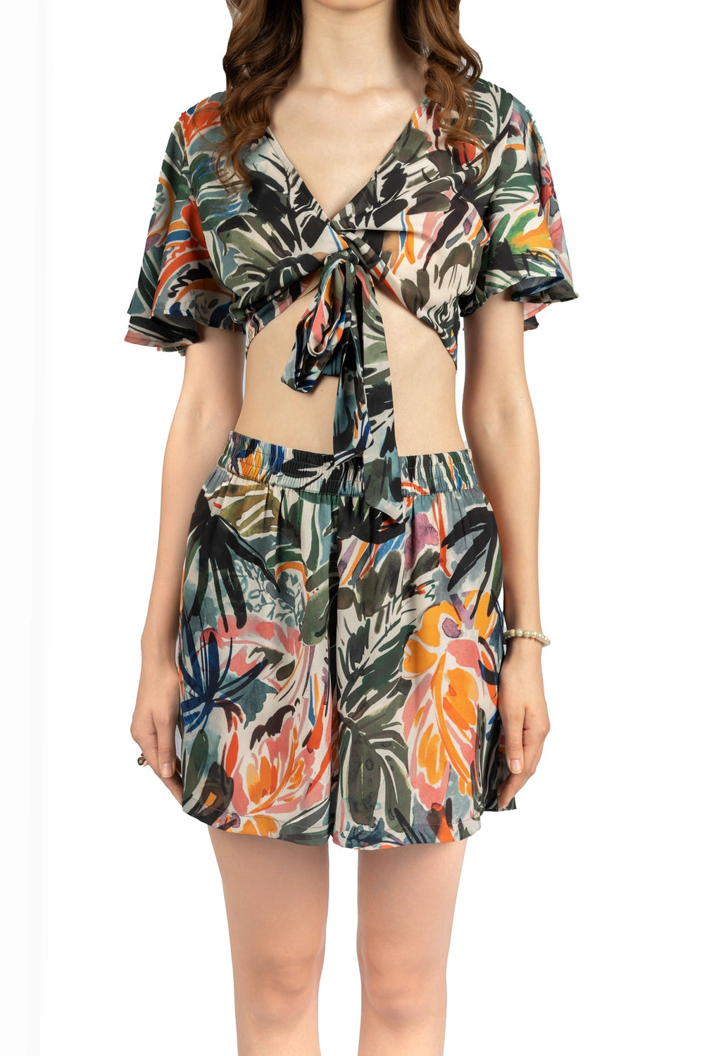 Multicolour Tropical Fit & Flare Co-ord Set in Poly Georgette
