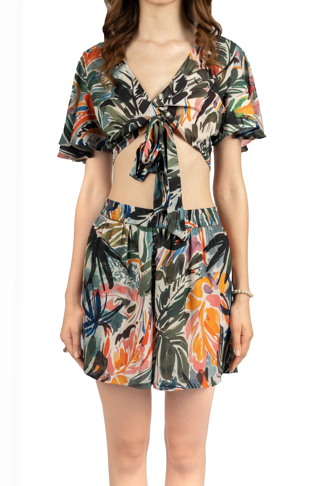Multicolour Tropical Fit & Flare Co-ord Set in Poly Georgette