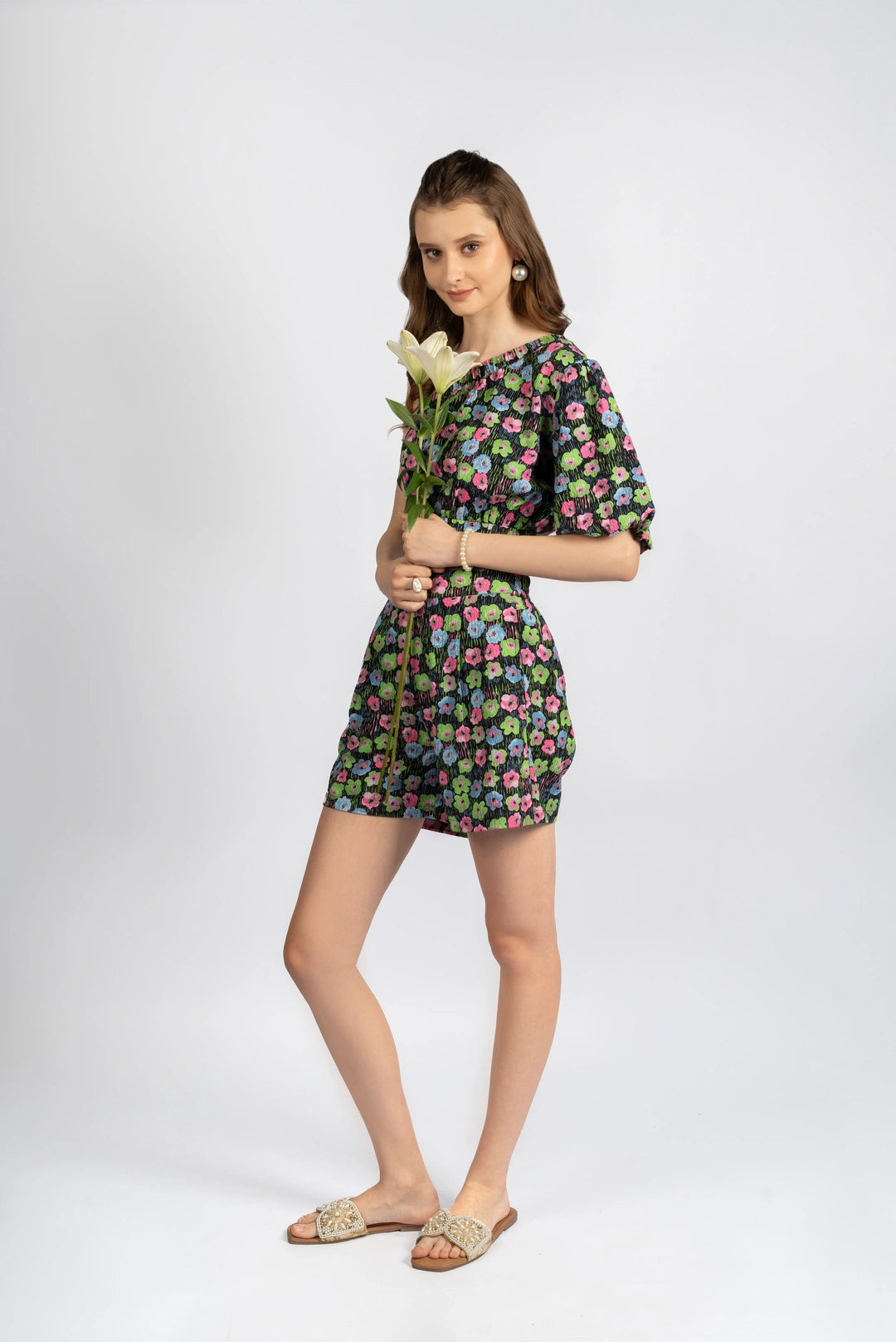 Multicolour Printed One-Shoulder Co-ord Set in Poly Spandex Dobby
