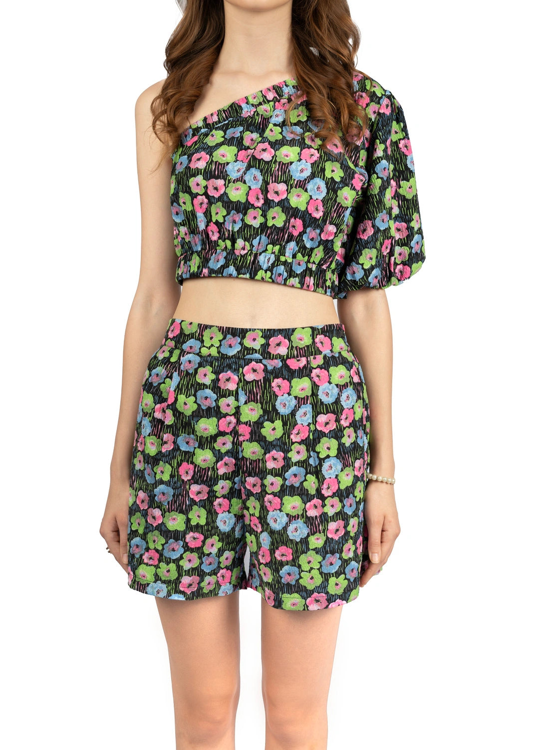 Multicolour Printed One-Shoulder Co-ord Set in Poly Spandex Dobby