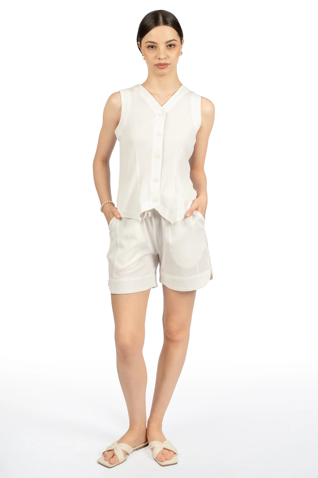 White Solid Fitted Co-ord Set with V-Neck & Sleeveless Crop Design