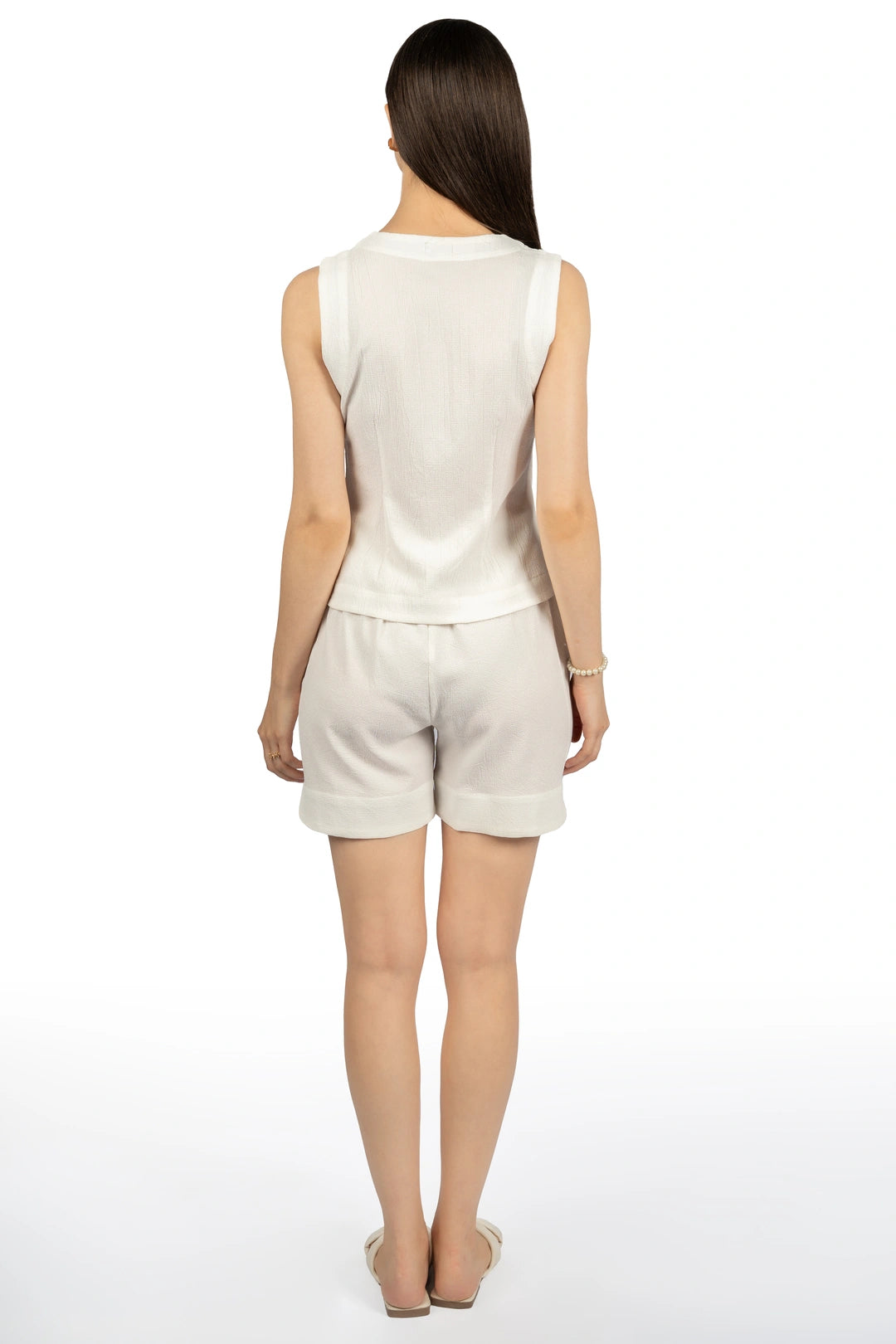 White Solid Fitted Co-ord Set with V-Neck & Sleeveless Crop Design