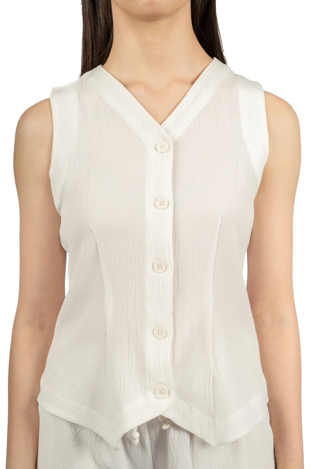 White Solid Fitted Co-ord Set with V-Neck & Sleeveless Crop Design