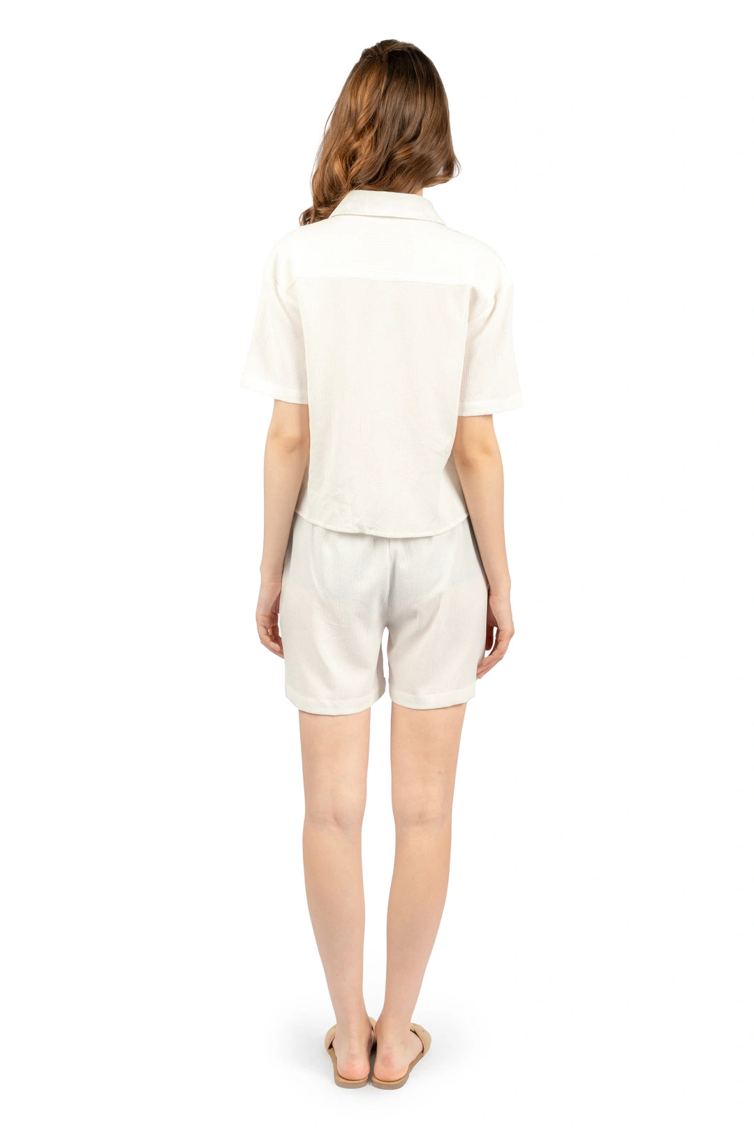 White Solid Collared Co-ord Set with Half Sleeves