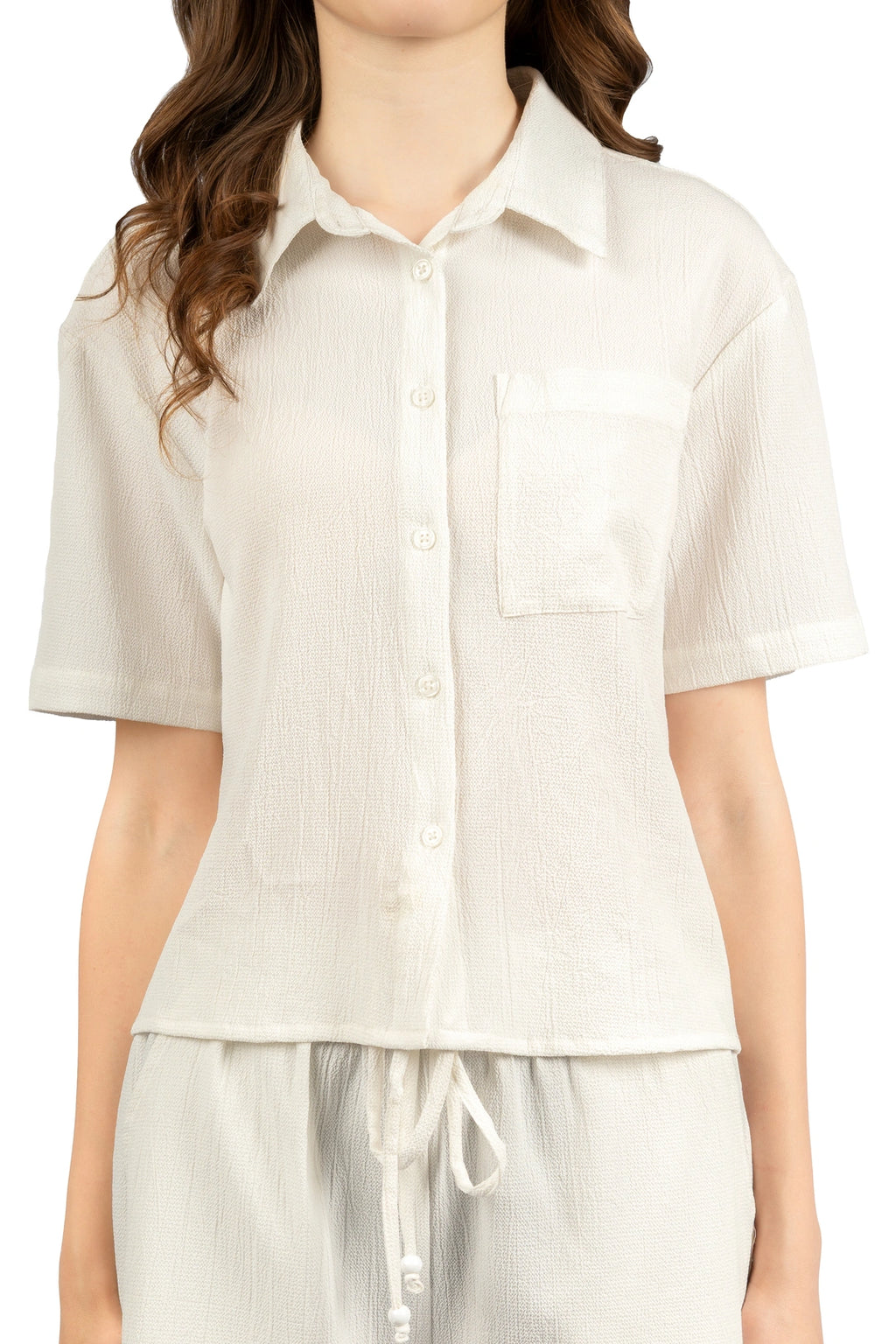 White Solid Collared Co-ord Set with Half Sleeves