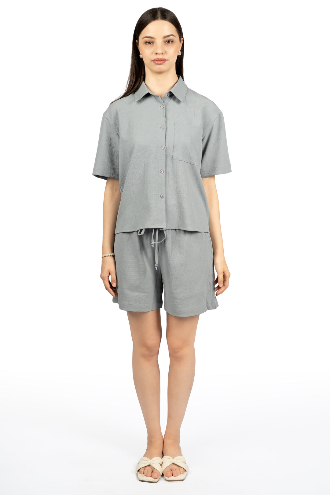 Grey Solid Loose Fit Co-ord Set with Collared Neck & Half Sleeves
