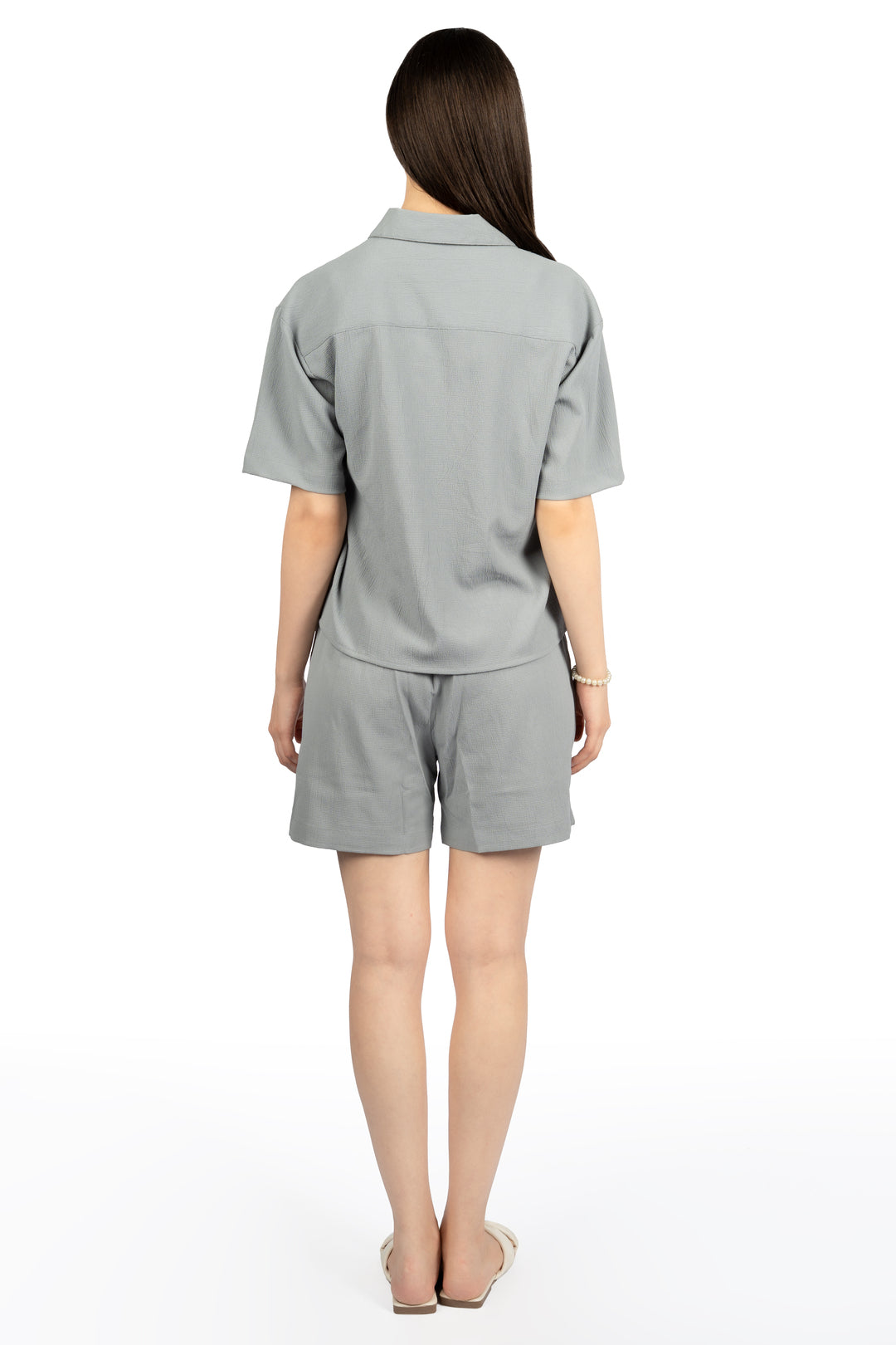 Grey Solid Loose Fit Co-ord Set with Collared Neck & Half Sleeves