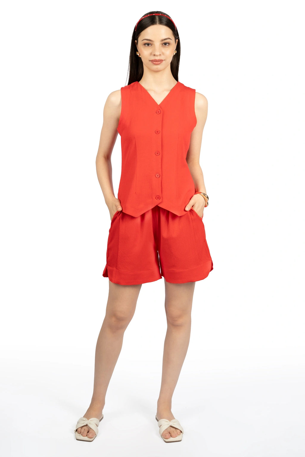 Red Solid Fitted Co-ord Set with V-Neck & Sleeveless Crop Design