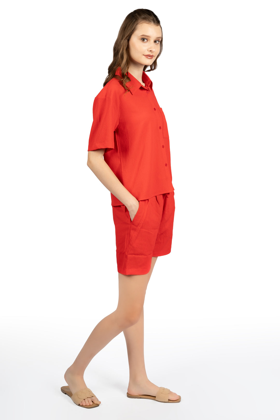 Red Solid Loose Fit Co-ord Set with Collared Neck & Half Sleeves