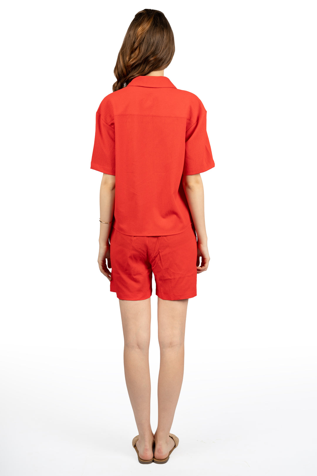 Red Solid Loose Fit Co-ord Set with Collared Neck & Half Sleeves