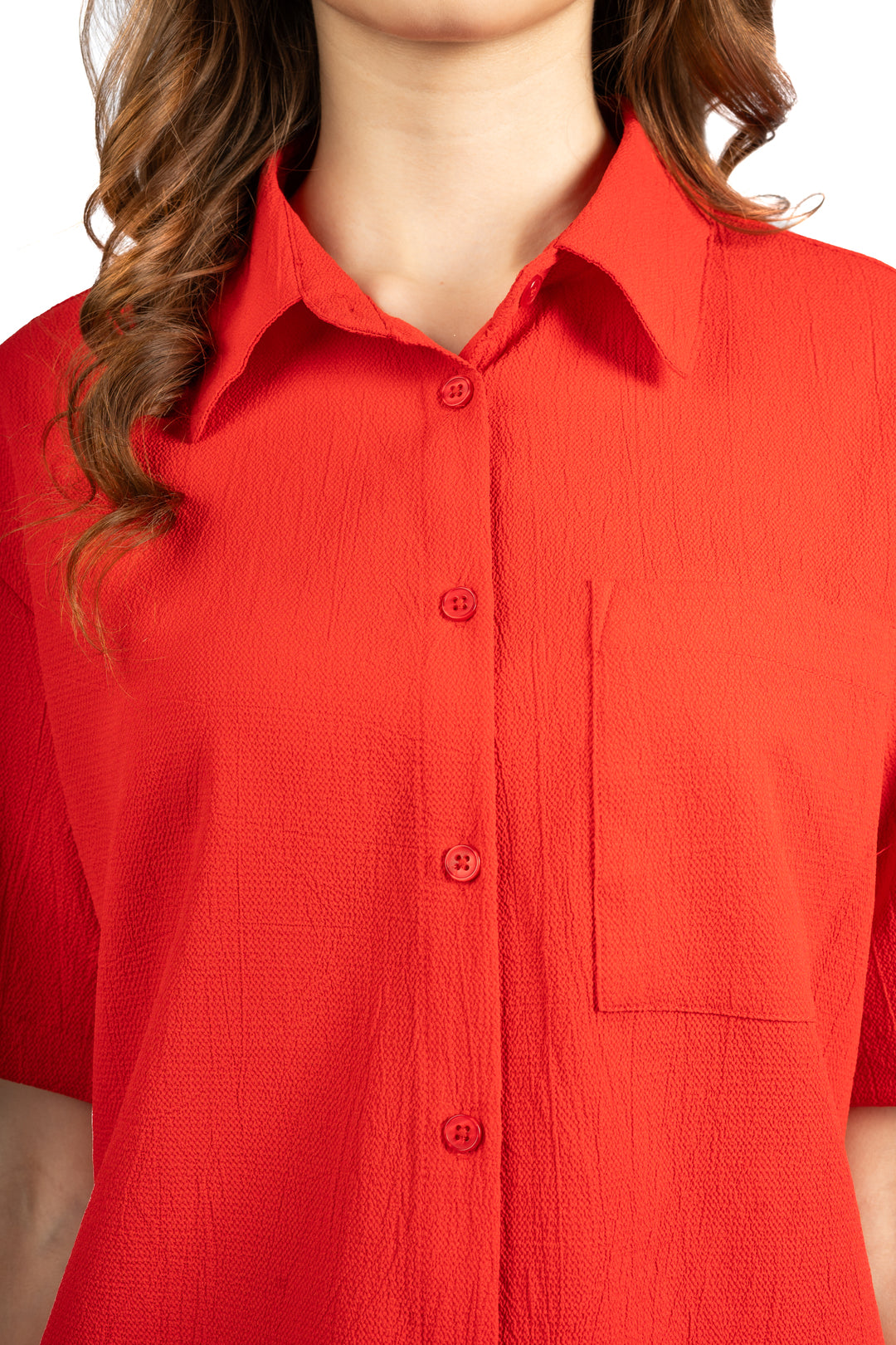 Red Solid Loose Fit Co-ord Set with Collared Neck & Half Sleeves
