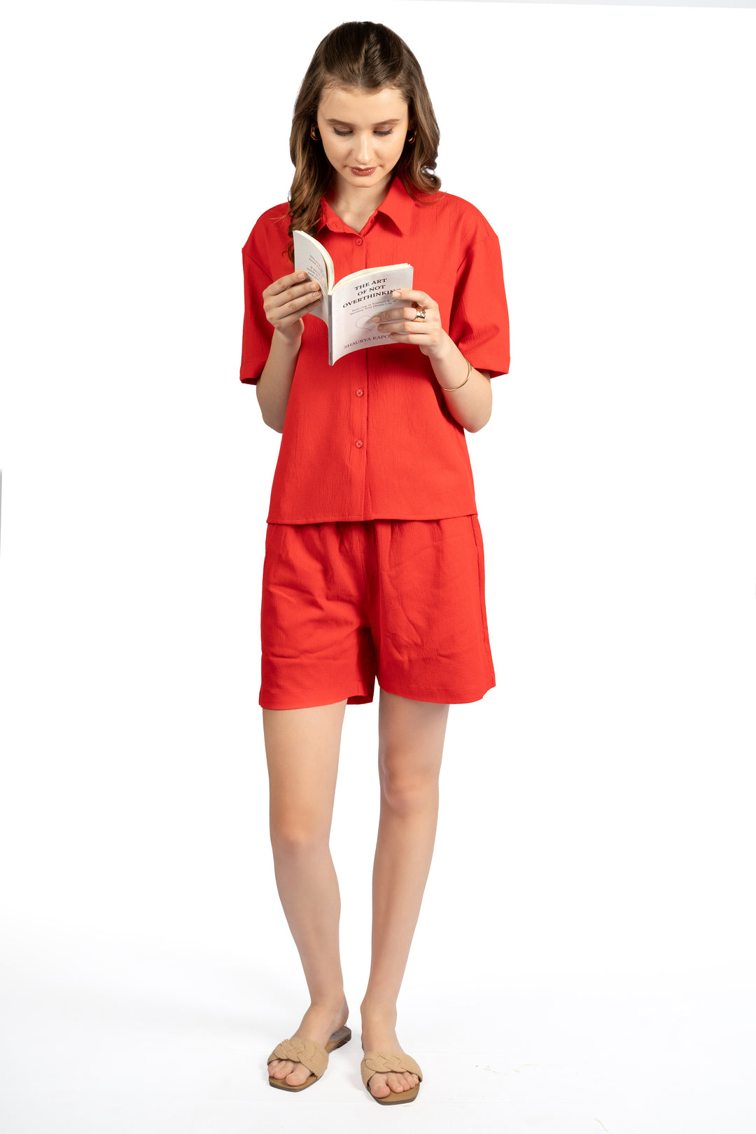 Red Solid Loose Fit Co-ord Set with Collared Neck & Half Sleeves