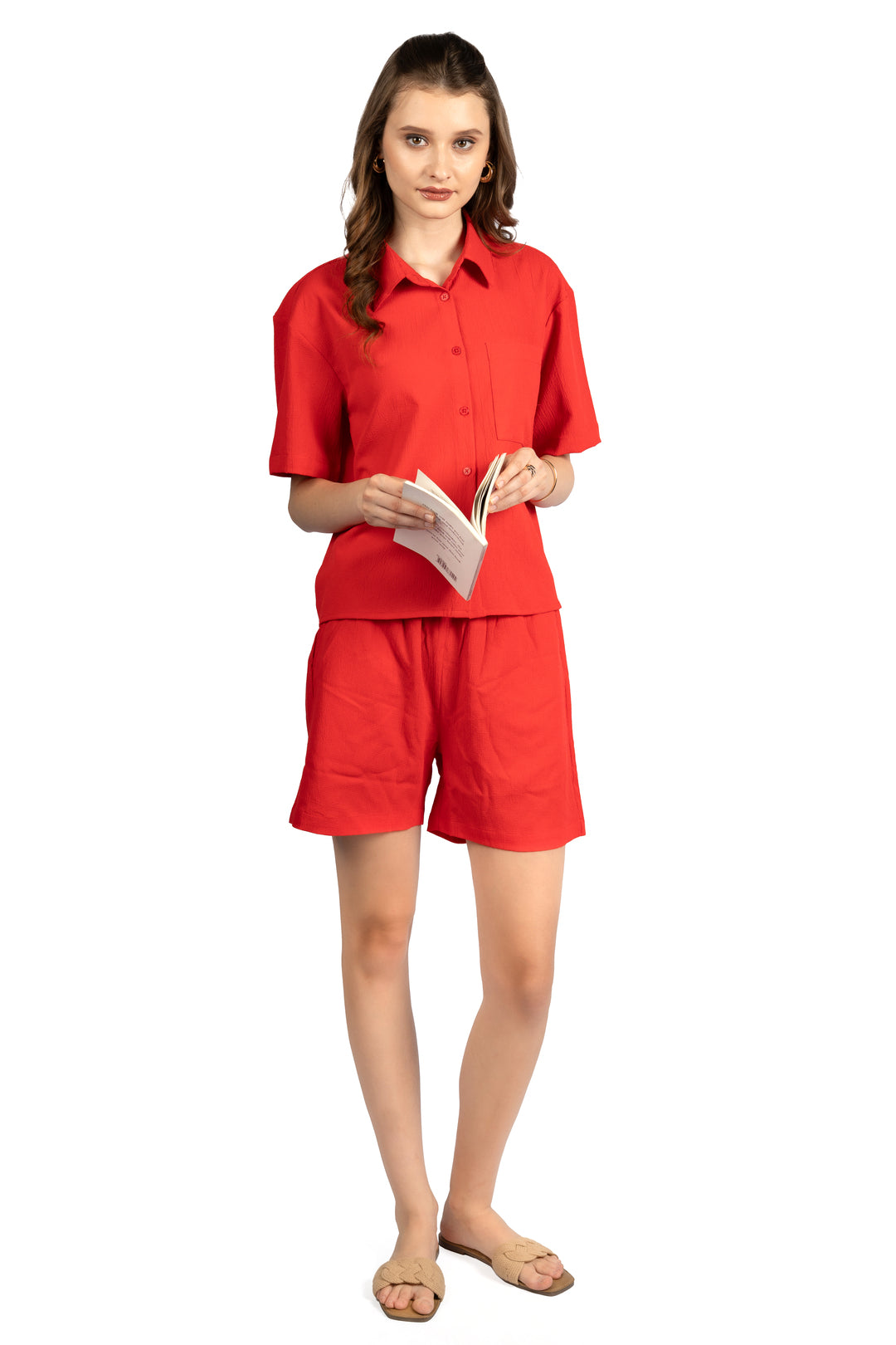 Red Solid Loose Fit Co-ord Set with Collared Neck & Half Sleeves