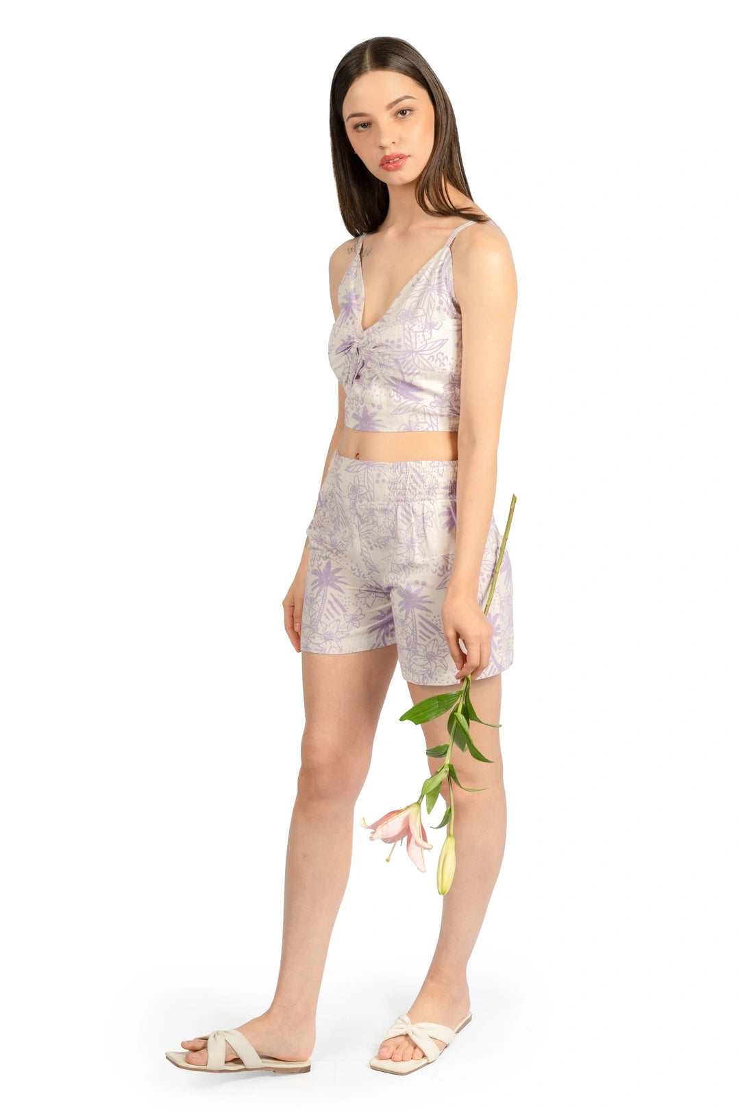 White & Lavender Floral Sleeveless Linen Blend Co-ord Set