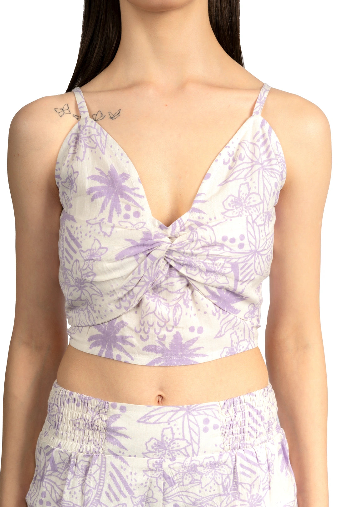 White & Lavender Floral Sleeveless Linen Blend Co-ord Set