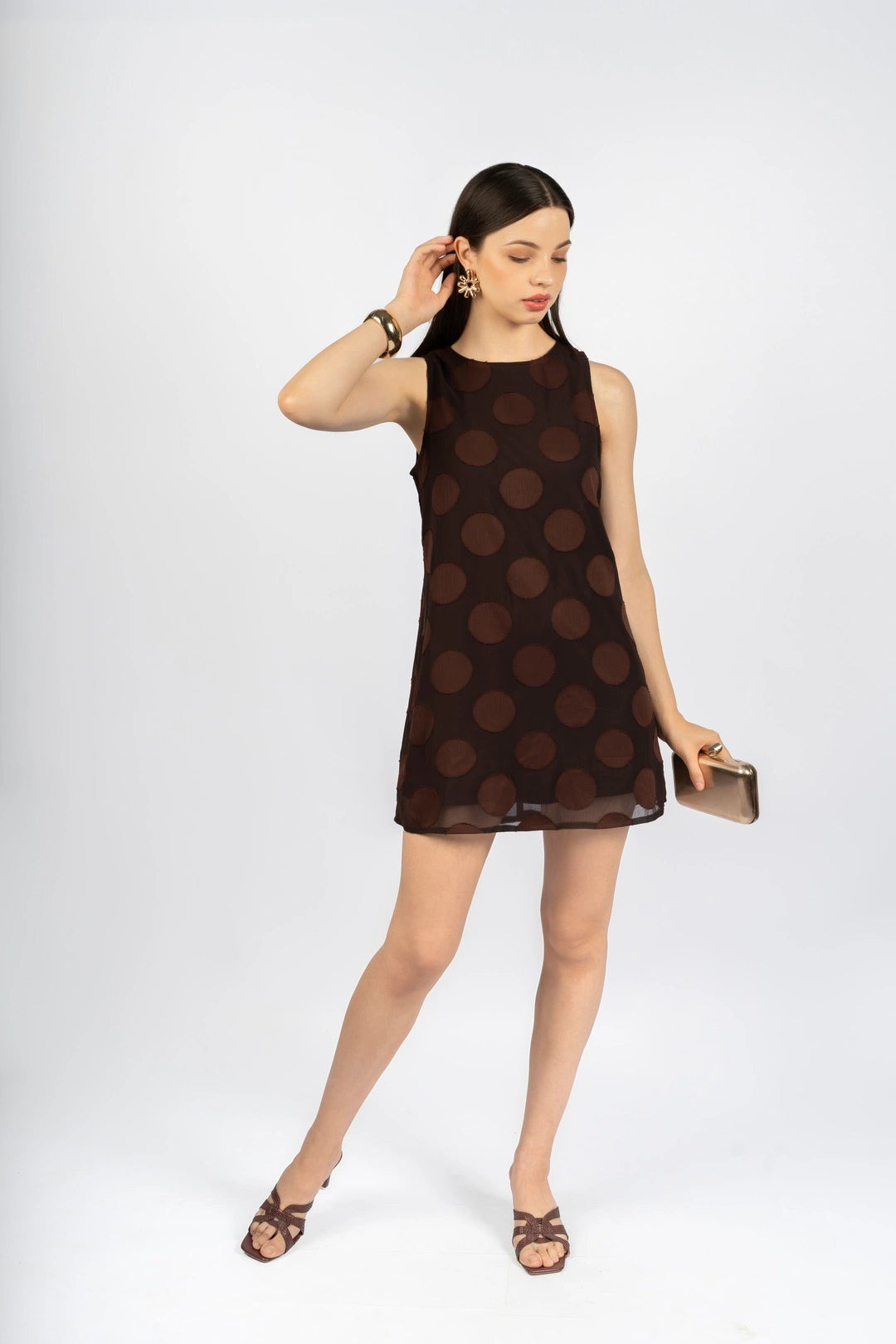 Brown Fit & Flare Dress in Poly Chiffon Jacquard
