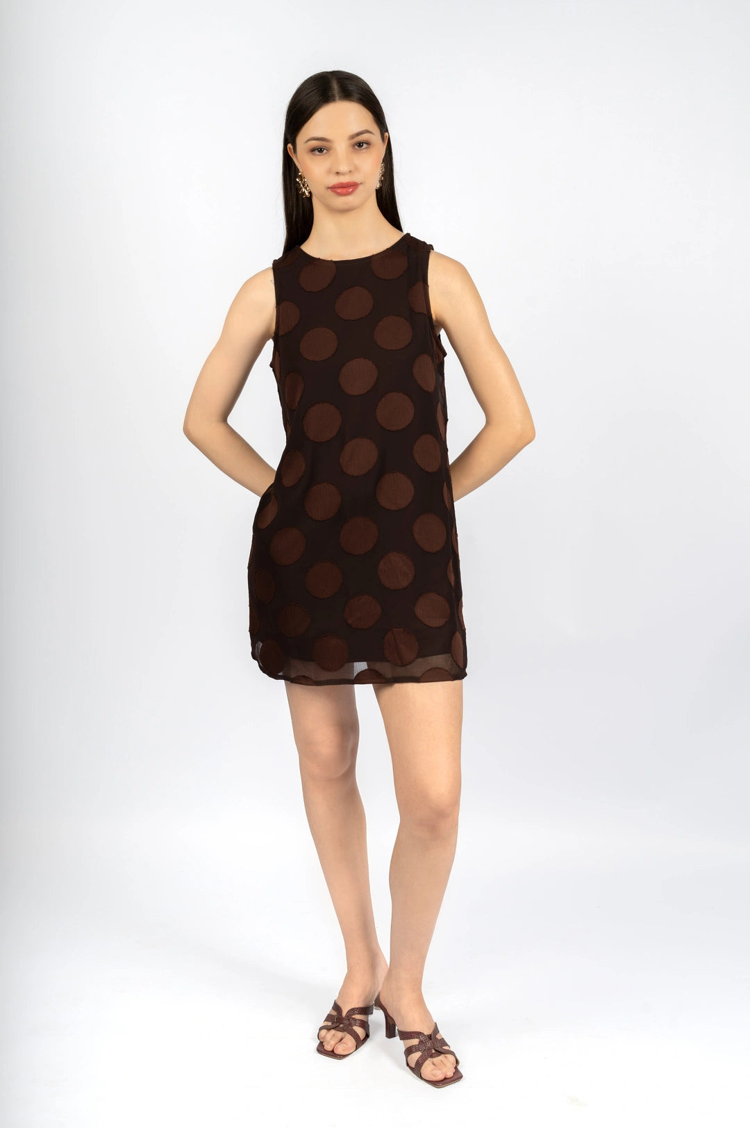 Brown Fit & Flare Dress in Poly Chiffon Jacquard