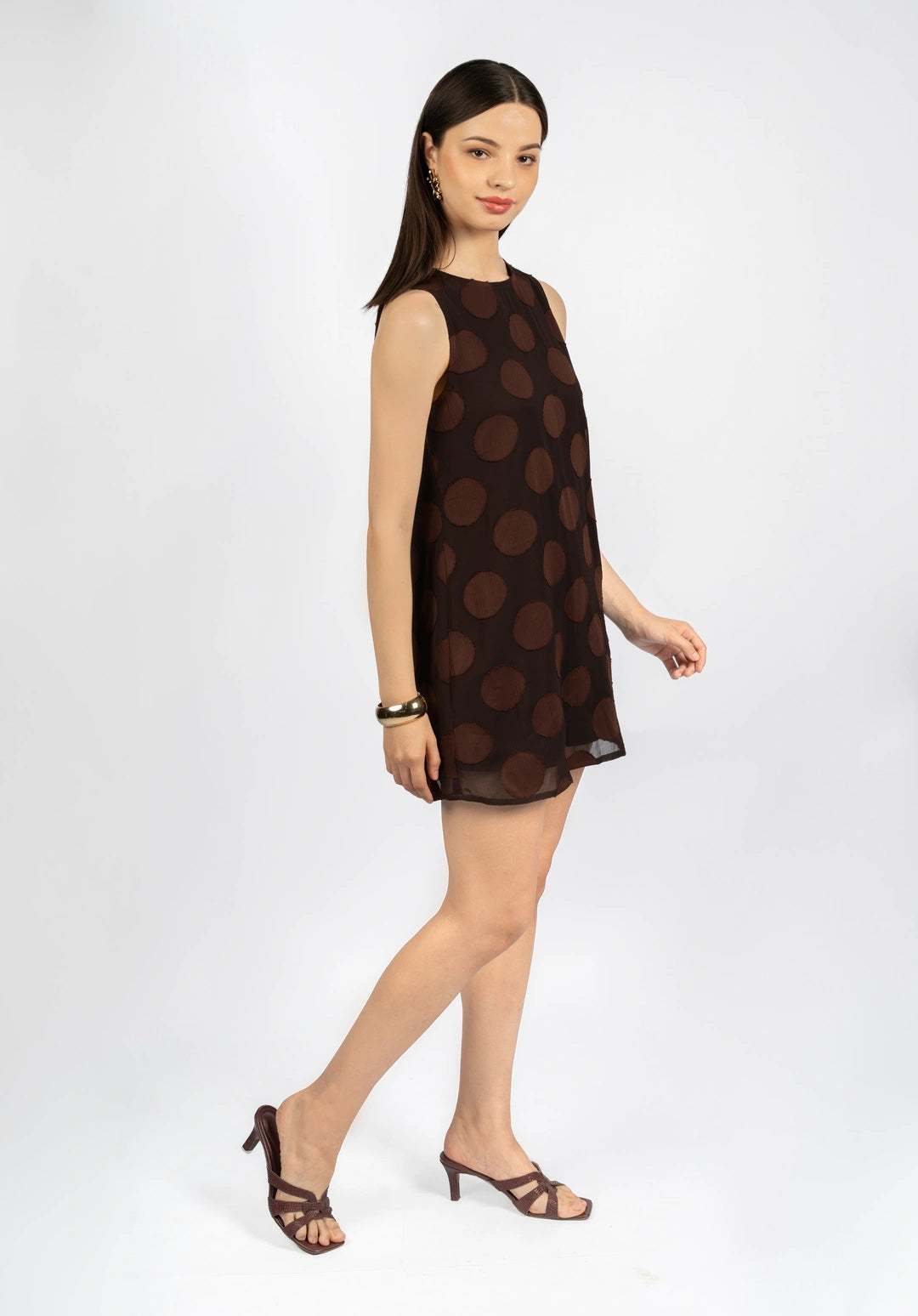 Brown Fit & Flare Dress in Poly Chiffon Jacquard